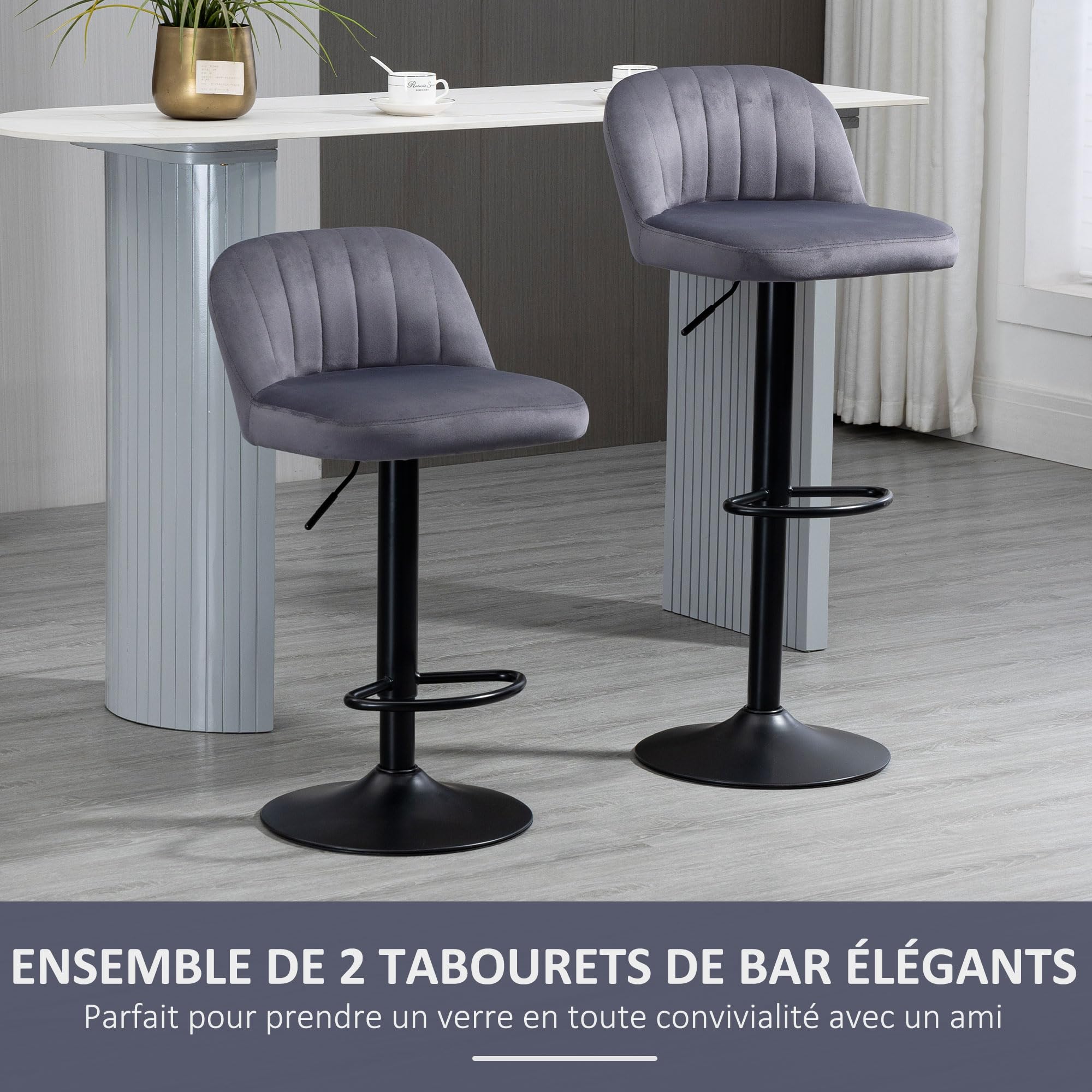 HOMCOM Lot de 2 Tabourets de Bar Repose-Pieds Hauteur Réglable Gris Noir