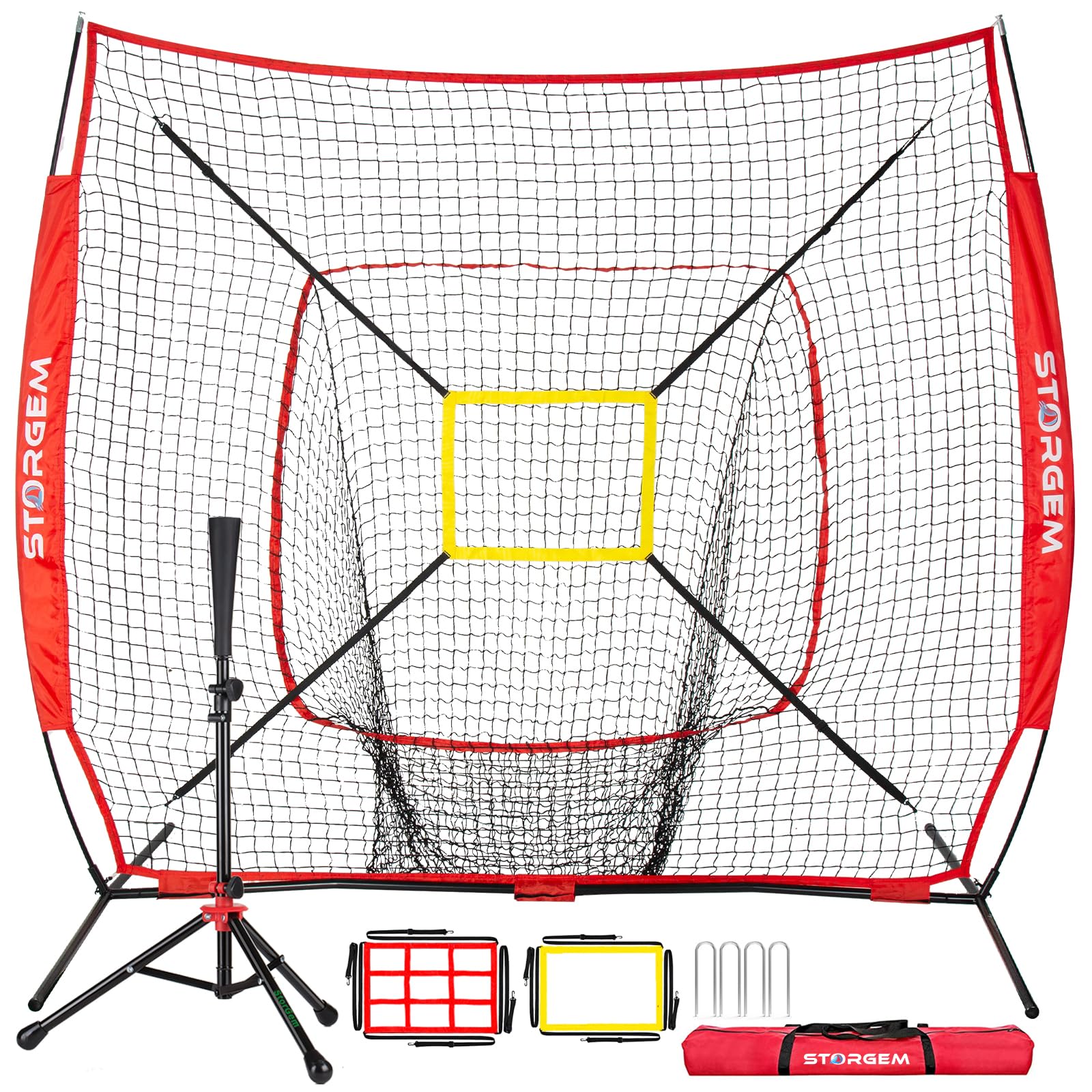 Storgem Baseball and Softball Practice Net 7×7ft Portable Hitting Pitching Batting Training Net Baseball Backstop Net with Batting Tee and Strike Zone and Bow Frame