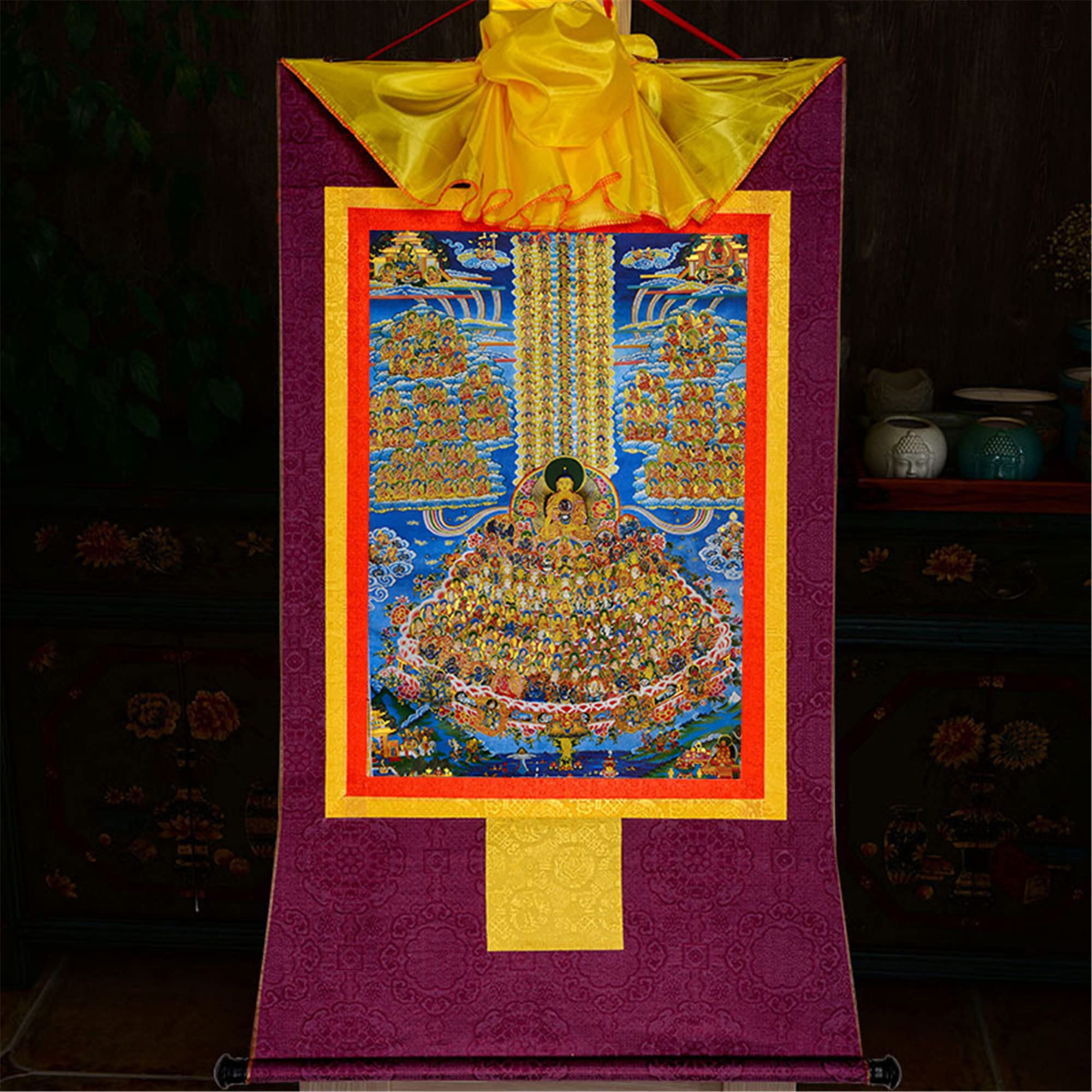 Gandhanra Thangka Tibetische Wandbehang,Shakyamuni Zufluchtsbaum Thangka,Heißgeprägter Buddha Wandteppich für Zen Wohnkultur, Meditation, Spirituelle Entspannung und Ruhe