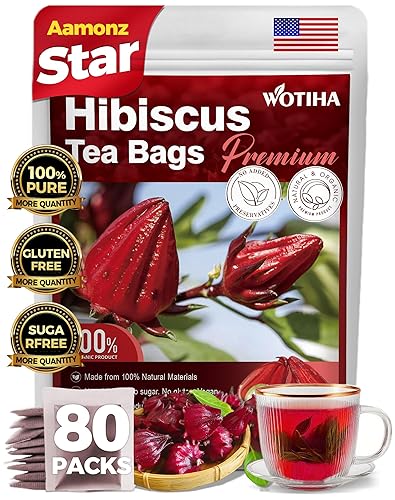 WOTIHA - Bolsas de té de hibisco natural de 4.23 oz. 80 bolsas de té de hierbas con propiedades antioxidantes, sin OMG  Sin aditivos  Sin cafeína,