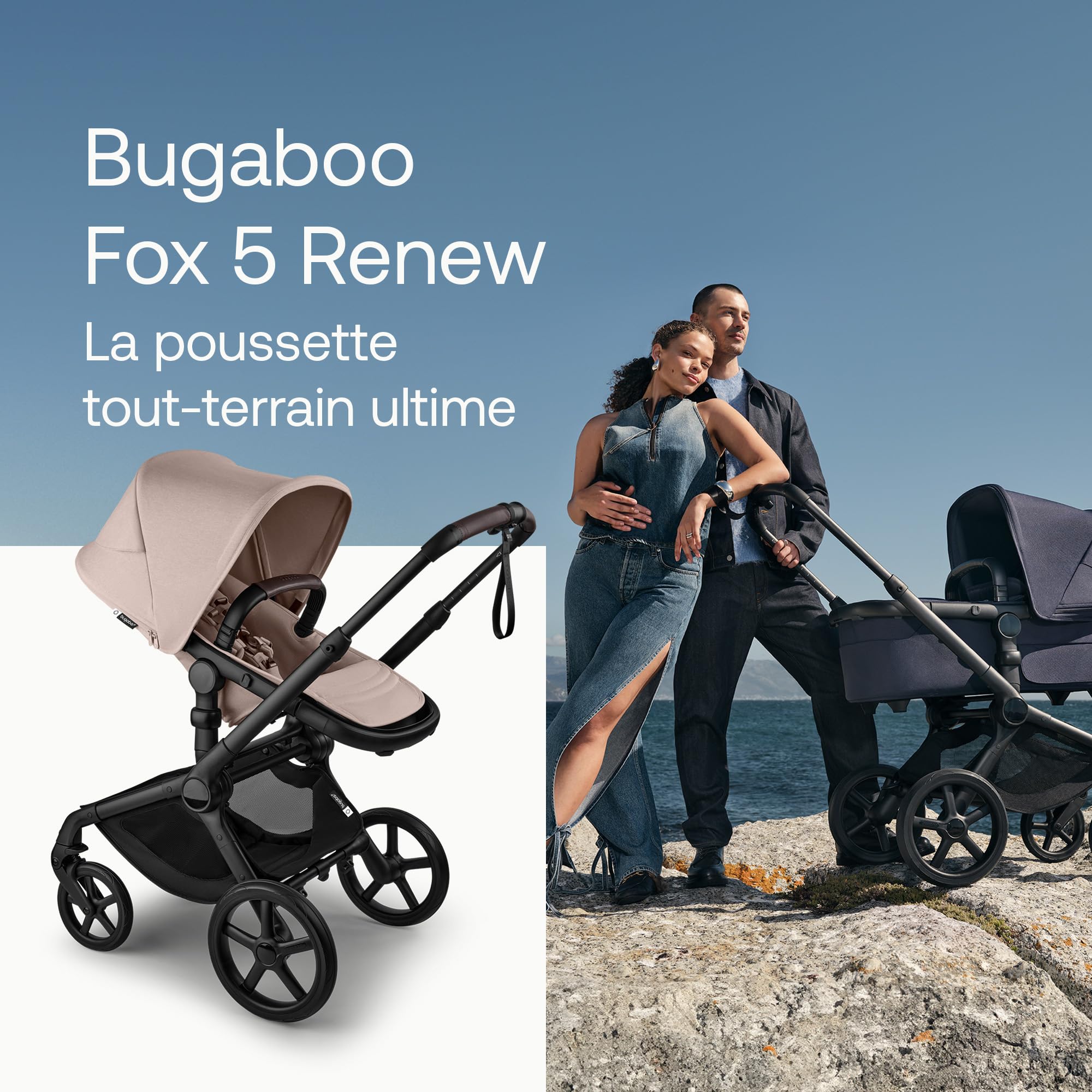 Bugaboo Fox 5 Renew Poussette tout-terrain 2 en 1 avec suspension, pliage facile, nacelle spacieuse, siège extensible, maniable d'une seule main, châssis noir et capote Desert Taupe Melange
