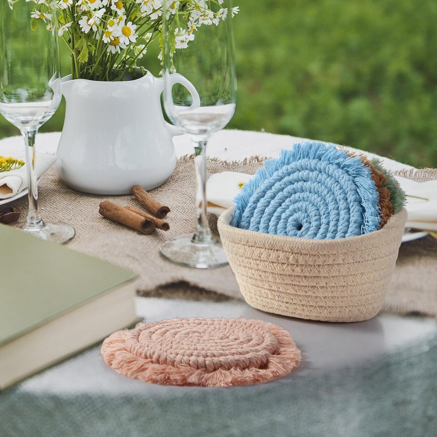 Coasters Set of 6 for Drinks Boho Absorbent Woven Cotton Coaster with Holder Farmhouse Tassel Macrame Cup Mat Housewarming Gift for Coffee Table Home Kitchen Office Decoration, 4 in(Morandi) - Image 6
