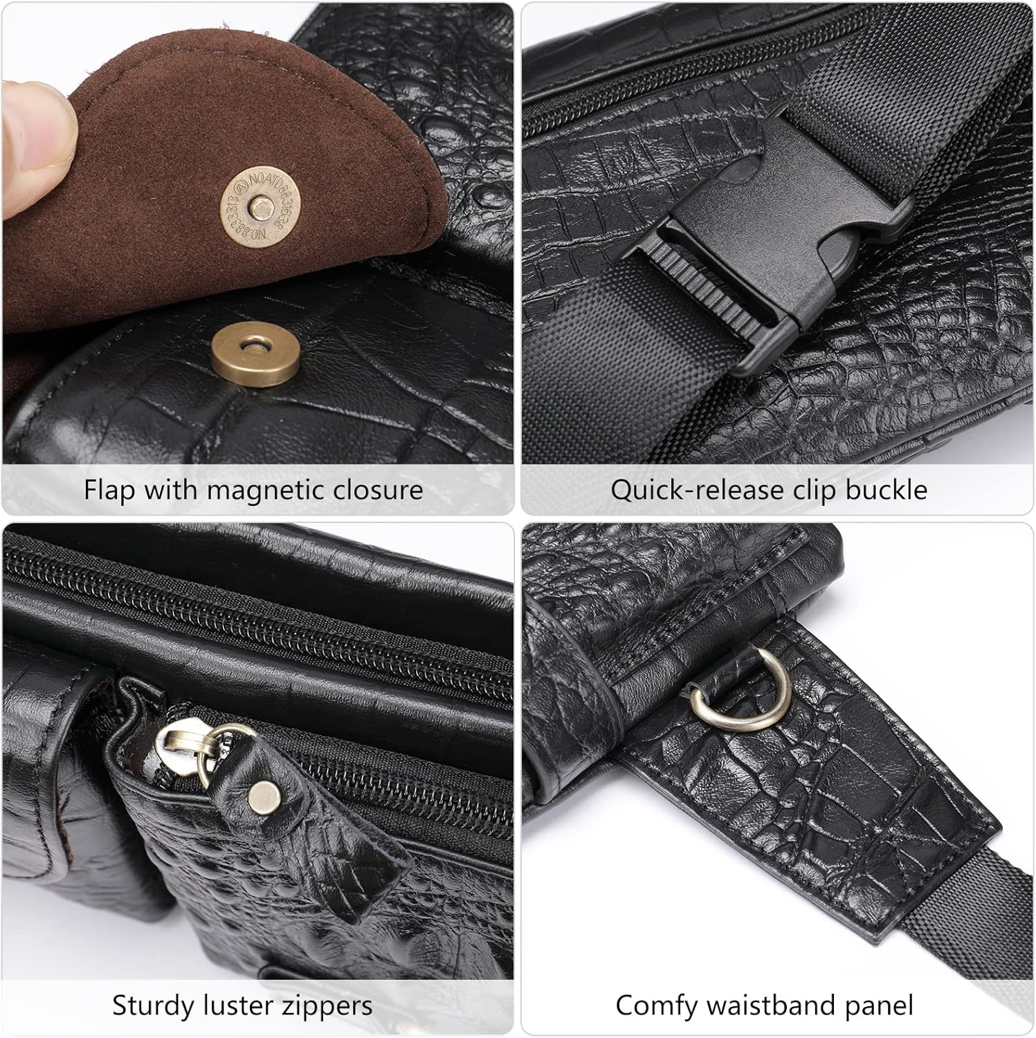 Mens Fanny Pack, Rugged Genuine Leather Waist Bags for Men Bumbag Waist Pack for Hands-free Crocodile Black - Image 2