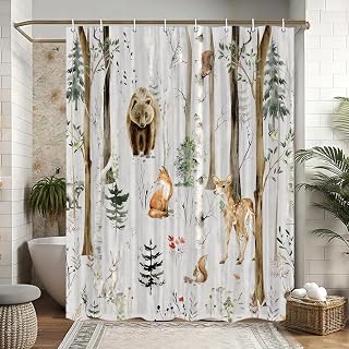 JAWO Camper Shower Curtain, Rustic Lodge Cabin Woodsy Wildlife Animals Woodland Rv Shower Curtains Camper Camping Bathroom Set with Hooks, 47X64 Inch, Grey