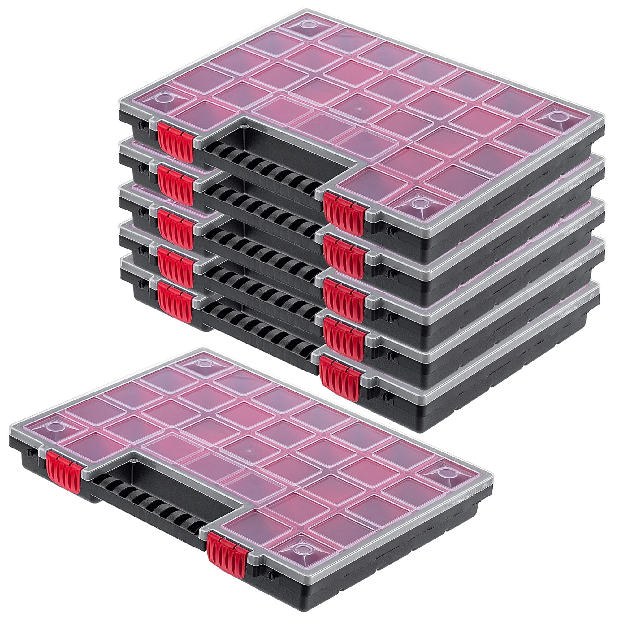 KADAX Organizer con Coperchio Trasparente – Cassetta Porta Minuteria a Scomparti per Viti, Bulloni, Ferramenta, Officina e Garage – Plastica Resistente (40 x 30 cm, 6 Pezzi)