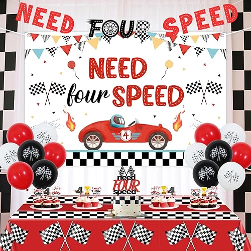 Miniatura 2 de Need Four Speed - Decoraciones de cumpleaños con temática de auto de carreras, pancarta para decoración de pasteles, decoración de cupcakes, mantel