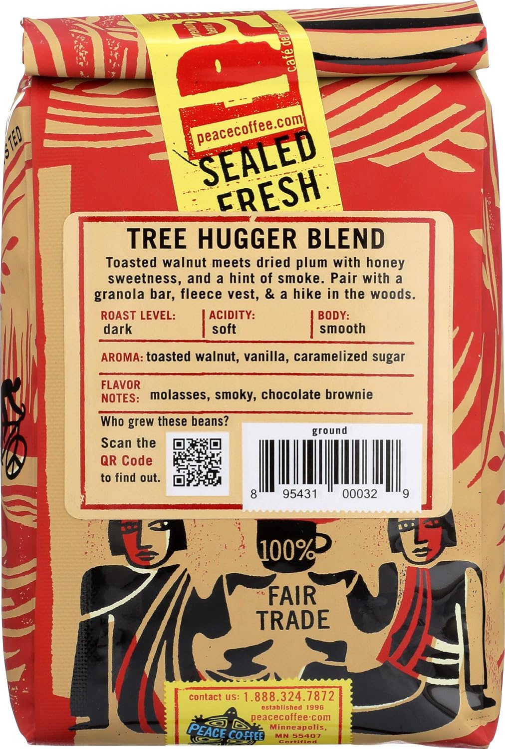 Peace Coffee, Coffee Ground Tree Hugger Blend Organic, 12 Ounce