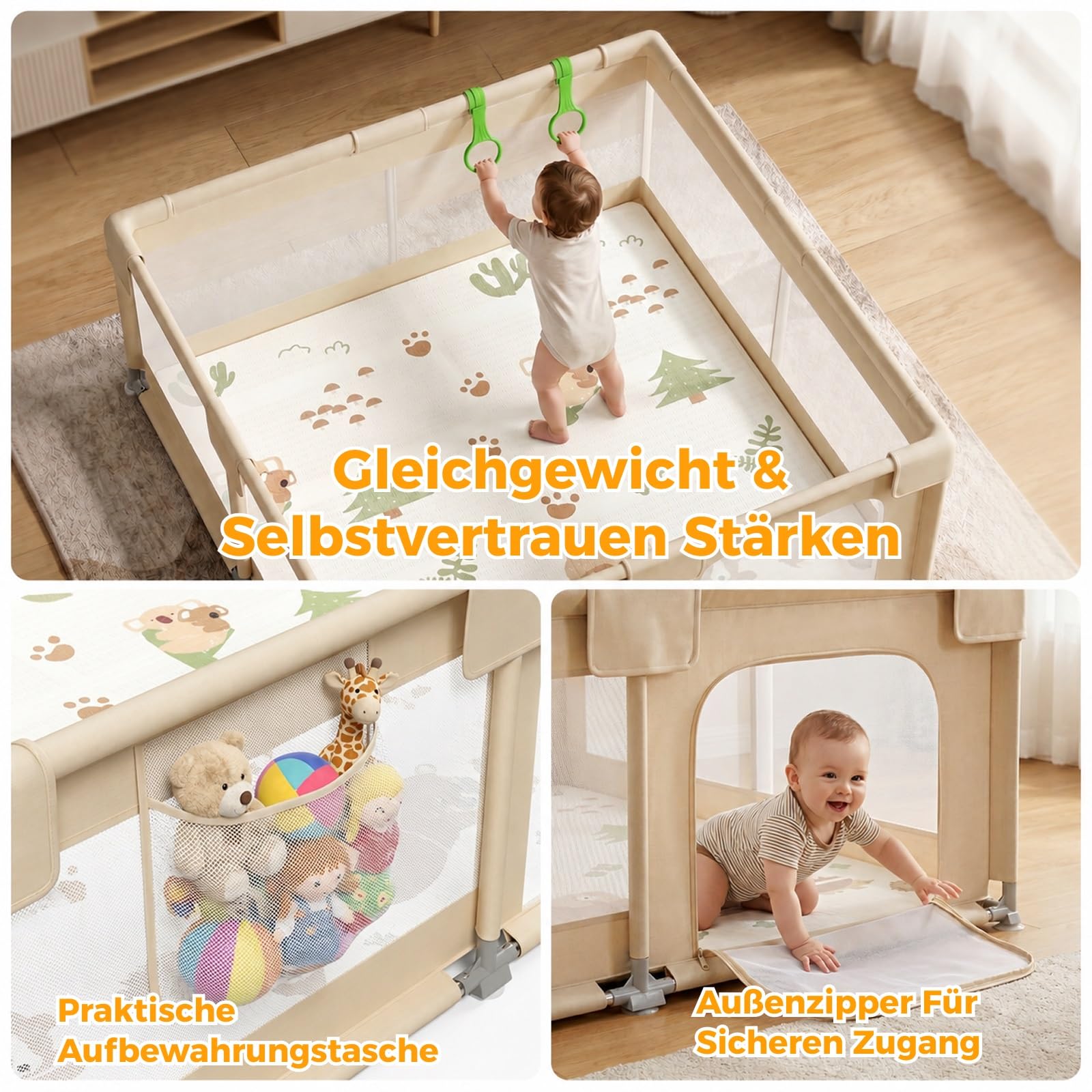 Beige Laufstall Baby mit Matratze - 150×150cm Laufgitter Baby mit Atmungsaktivem Netz und Rutschfeste Saugnäpfe, Laufstall xxl mit und 4 Zugringen