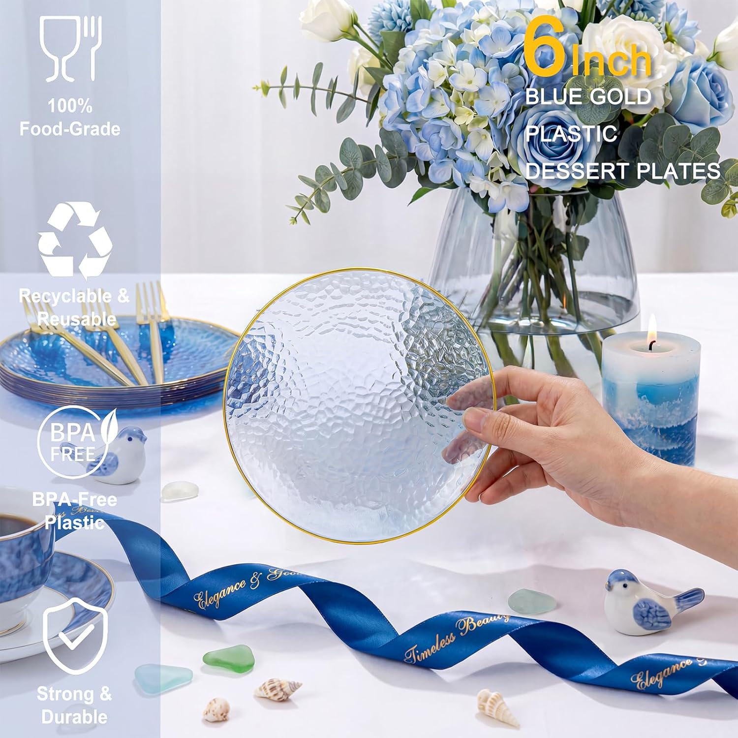 Rubtlamp 200 Pcs Blue Dessert Plates, 6 Inch Gold Rim Hammered Appetizer Plates WIth Gold Dessert Fokrs, Small Fancy Salad Plates Include 100 Cake Plate 100pcs 6inch Forks for Party Bridal Teatime