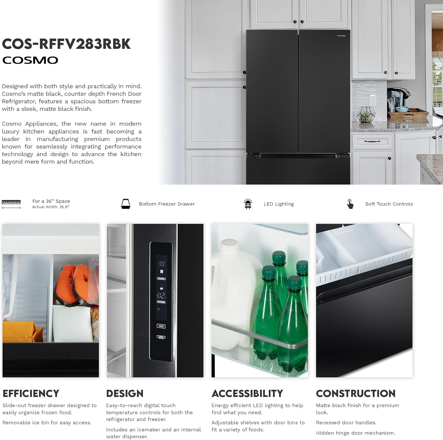 36 in. Vista Collection 27.4 cu. ft. French Door Refrigerator, Freezer Drawer, Water Dispenser, Ice Maker, Matte Black