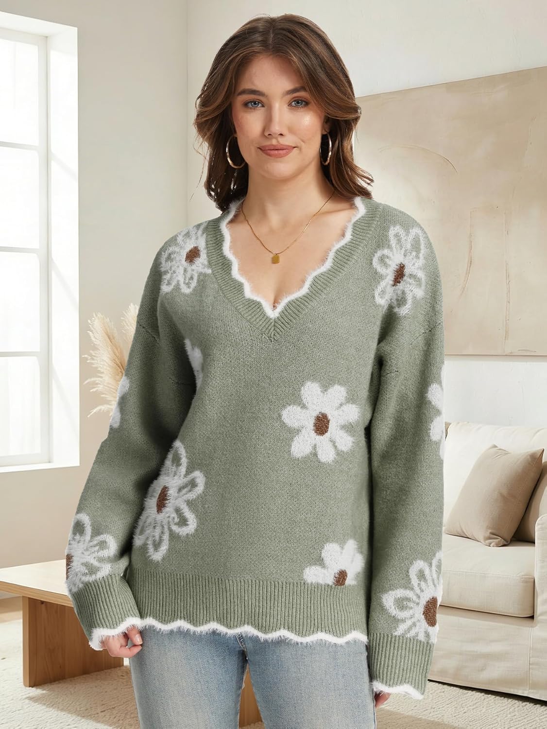 Womens V Neck Floral Knit Sweater, Soft Fuzzy Long Sleeve Pullover with Scalloped Trim Trendy Casual - Image 2