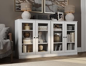 Palace Imports 100% Solid Wood 64" Sideboard w/Glass Doors, White, 64" w x 35.75" h x 15.5" d, Renewable Eco-Friendly Wood, Made in Brazil