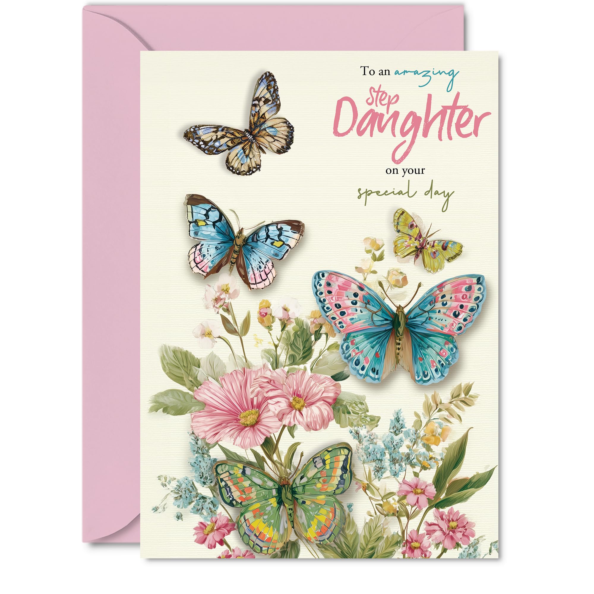 Sweet Birthday Card for Step Daughter - Butterflies and Flowers in Cheery Pastels - Vibrant Design to Brighten Her Special Day - 5x7 Inch, Envelope Included