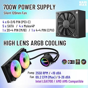 Raidmax i801 Tempered Glass Aqua View Case - Corner Structure-Free Panoramic Design, 3 ARGB Fans Included, and Support for 360mm Water Cooler and 400mm GPU (Black Combo)
