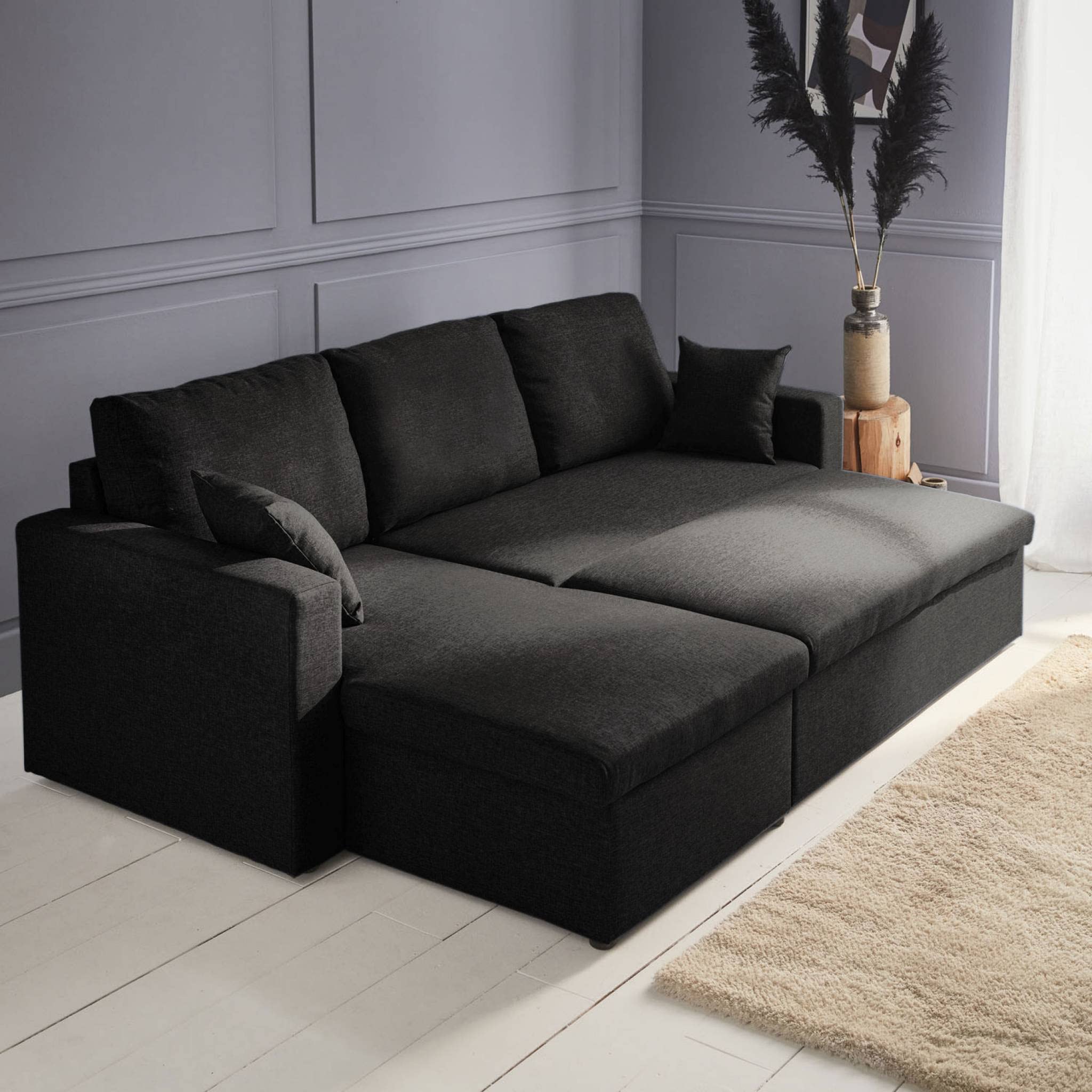 Sweeek - Canapé d'angle Convertible en Tissu Noir - IDA - 3 Places. Fauteuil d'angle réversible Coffre Rangement lit modulable