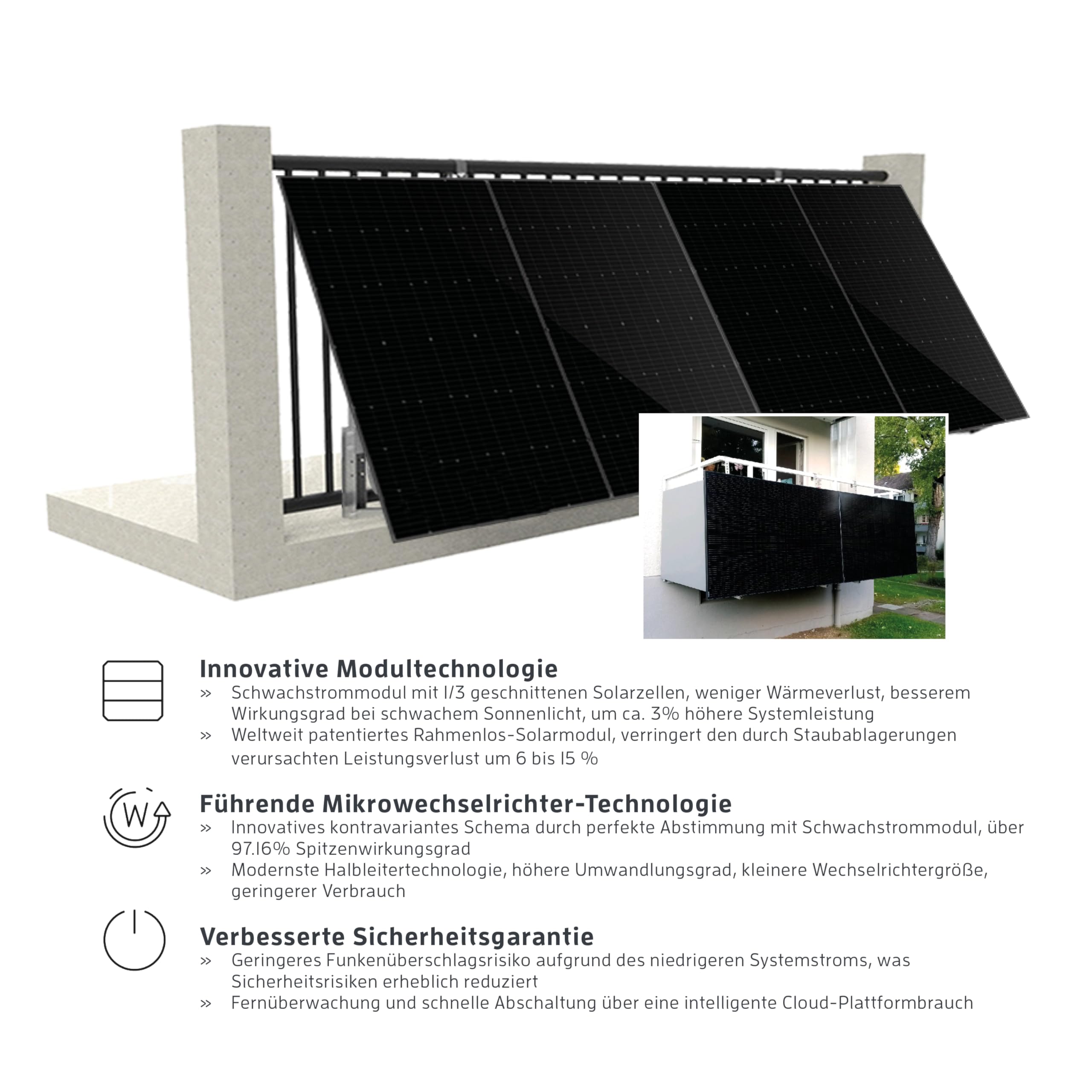 Kaiser® Centrale photovoltaïque de balcon 800 W avec Onduleur, kit complet, design All Black, panneaux solaires plug and play accessoires et câble de 7 m inclus, contrôle par application