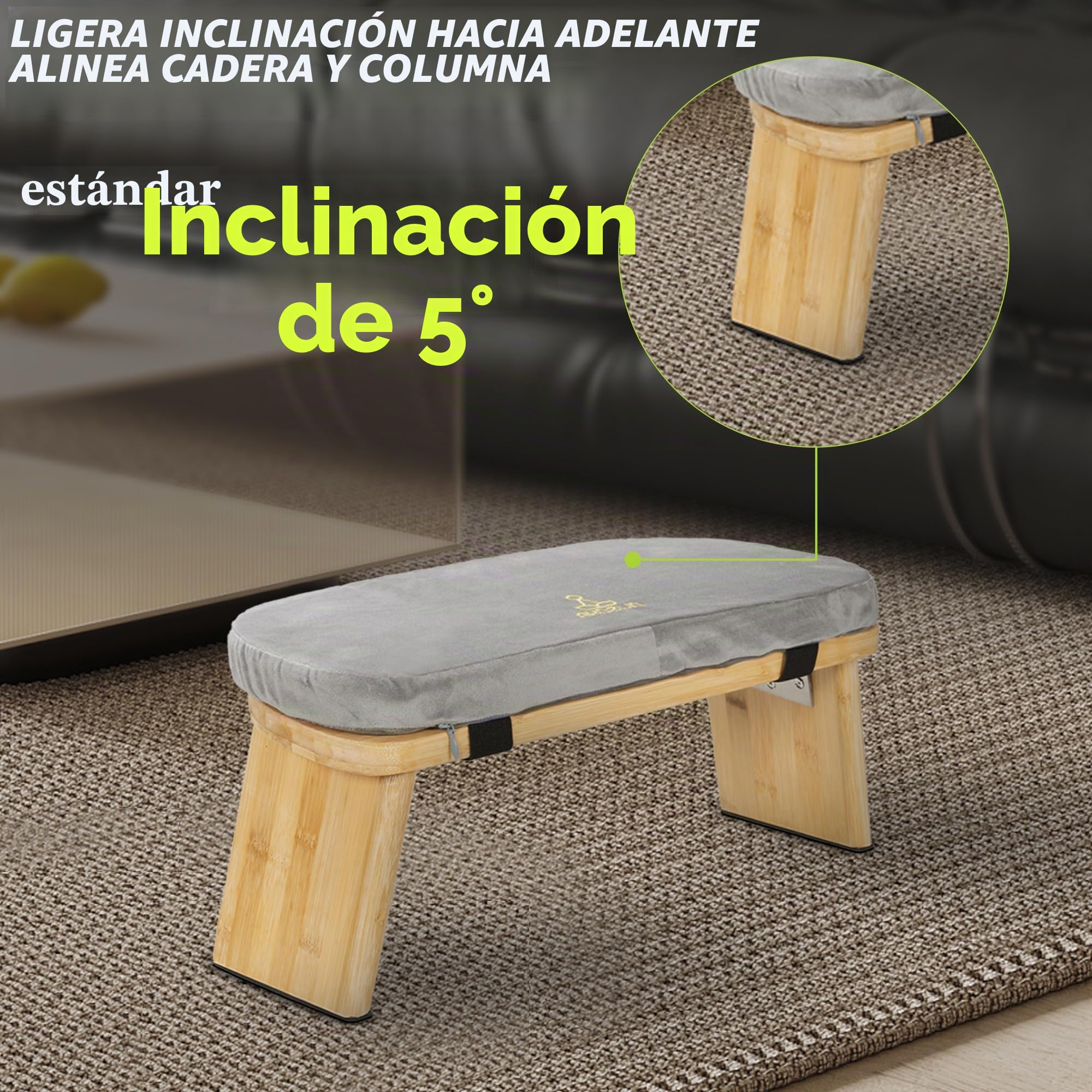 Taburete meditación bambú con cojín, con Bolsa para,Gris | Esposo de yoga de bambú ergonómico, para rodillas y oración