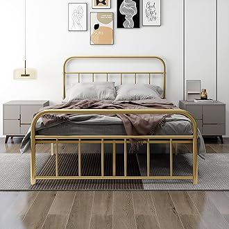 Full Metal Platform Bed Frame with Vintage Headboard Footboard Extra Strong Support No Box Spring Needed Noise Free Easy Assembly Gold