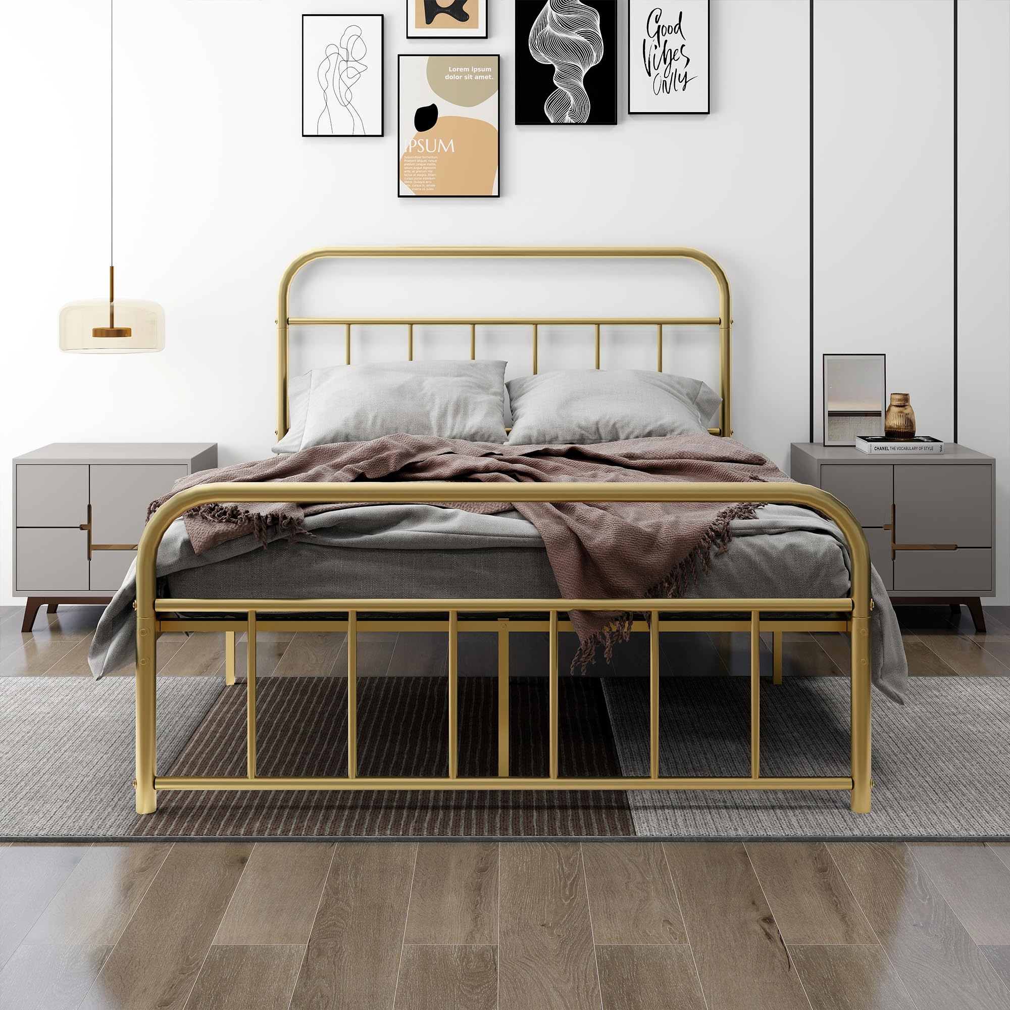 Full Metal Platform Bed Frame with Vintage Headboard Footboard Extra Strong Support No Box Spring Needed Noise Free Easy Assembly Gold