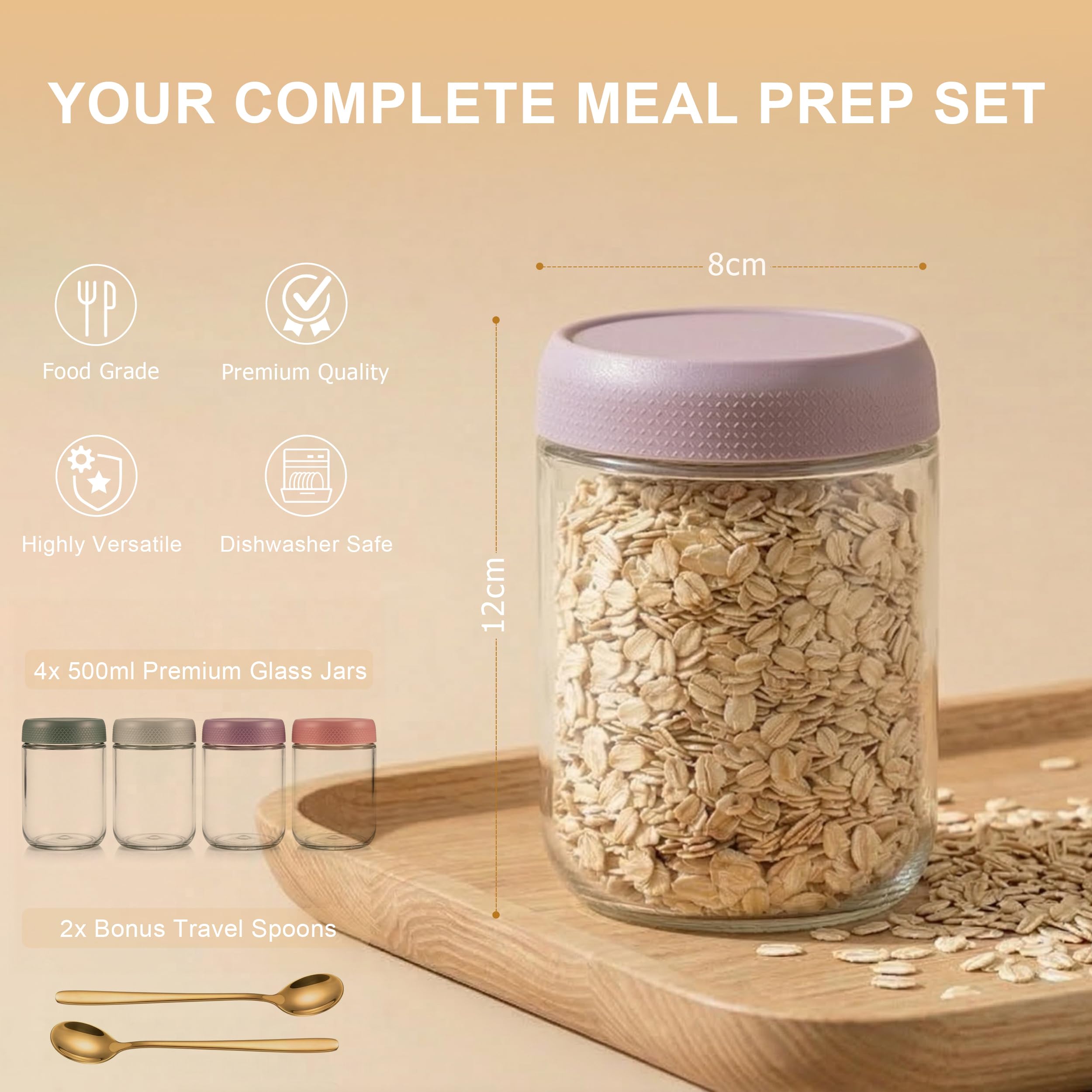 Overnight Oats - 4 bicchieri da 500 ml, a prova di perdite, con tappo a vite e anello in silicone, ideali come contenitore Meal Prep, per yogurt, per cereali, marmellate e alimenti per bambini