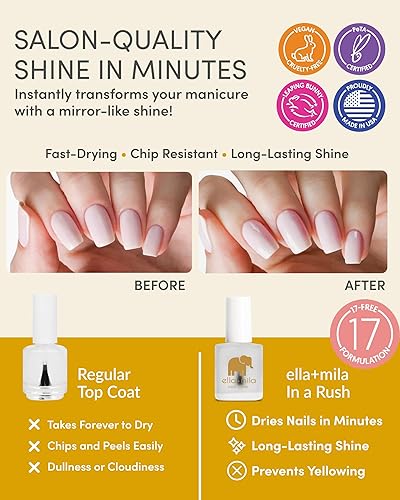 Miniatura 2 de ella+mila Esmalte de uñas In a Rush Fast Dry Top Coat con alto brillo brillante. Este esmalte de uñas transparente cuenta con un inhibidor UV para