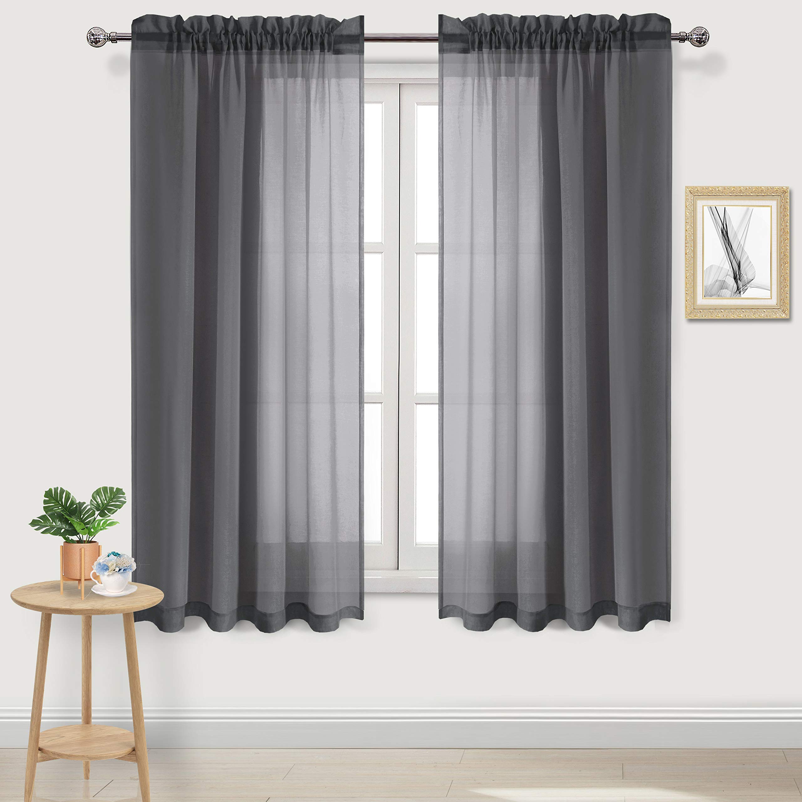 DWCN Dark Gray Sheer Curtains Semi Transparent Voile Rod Pocket Curtains for Bedroom and Living Room, 52 x 63 inches Long, Set of 2 Panels — image 1