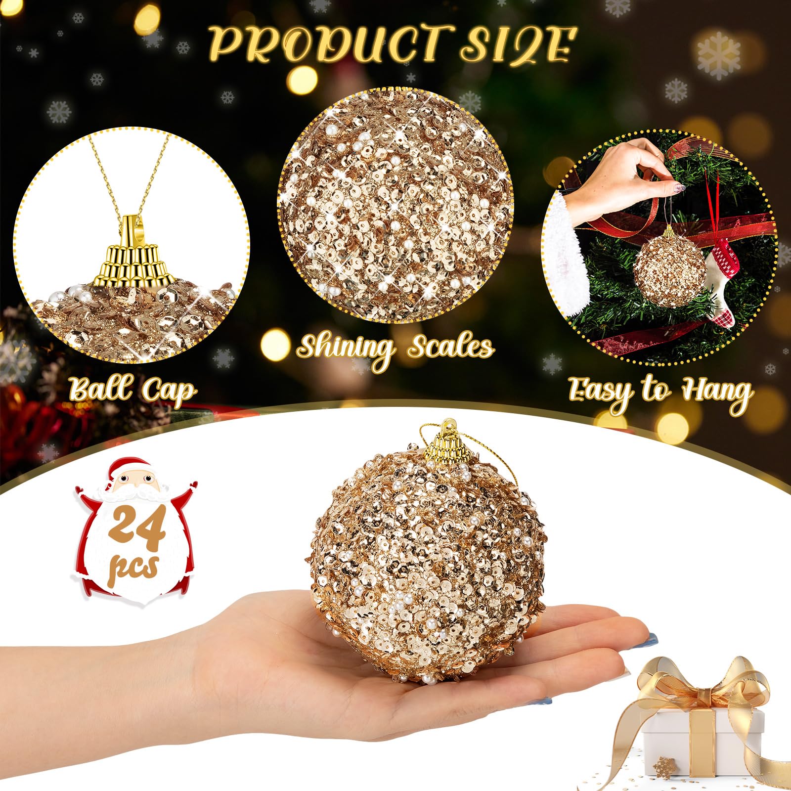 Liliful 24 adornos de bola de Navidad de 3.15 pulgadas con purpurina, decoraciones de árbol de Navidad, adornos grandes para colgar de Navidad para árbol de Navidad, boda, hogar, mesa, fiesta,