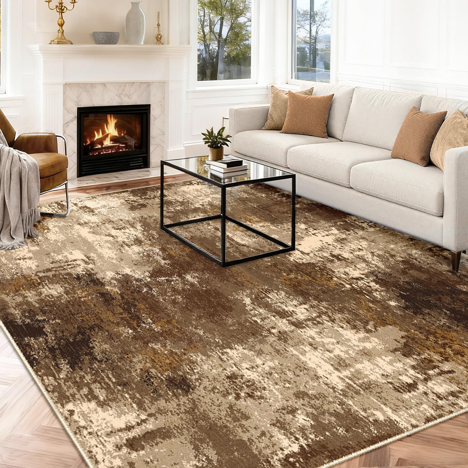 INOVADAY Washable Rugs Living Room 240x300 cm Modern Abstract Rug with Soft Low Pile Vacuum Friendly Non Slip Backing Minimalist Carpet for Lounge Bedroom Dining Room Home Office Brown/Tan