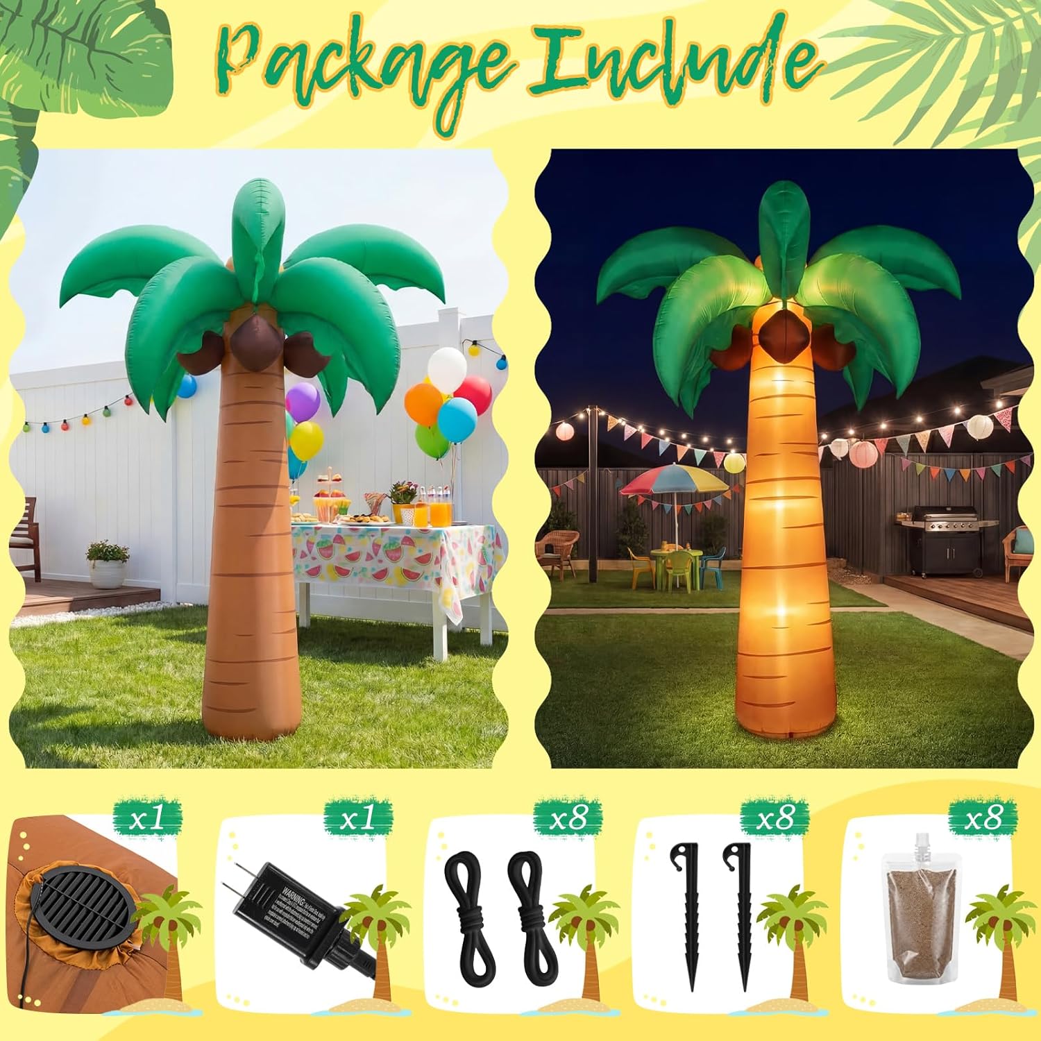 Simgoing 2 Pcs 8 FT Giant Inflatable Palm Trees with Coconut Decoration Jumbo Blow Up Palm Tree with Built-in LED for Summer Hawaii Luau Party Beach Poolside Outdoor Indoor Decor