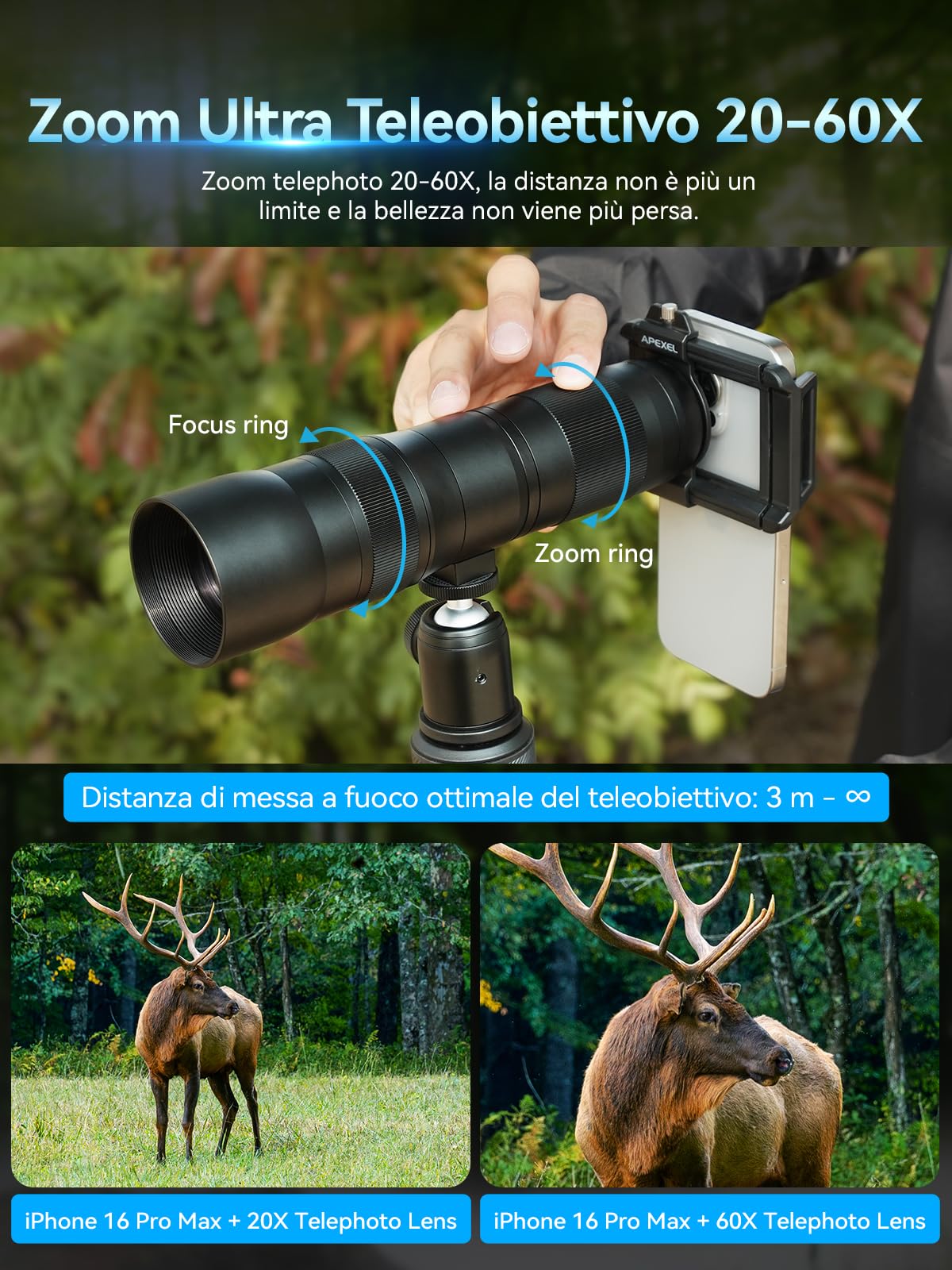 APEXEL Obiettivo zoom 20-60X professionale per smartphone – Cattura scene lontane con facilità