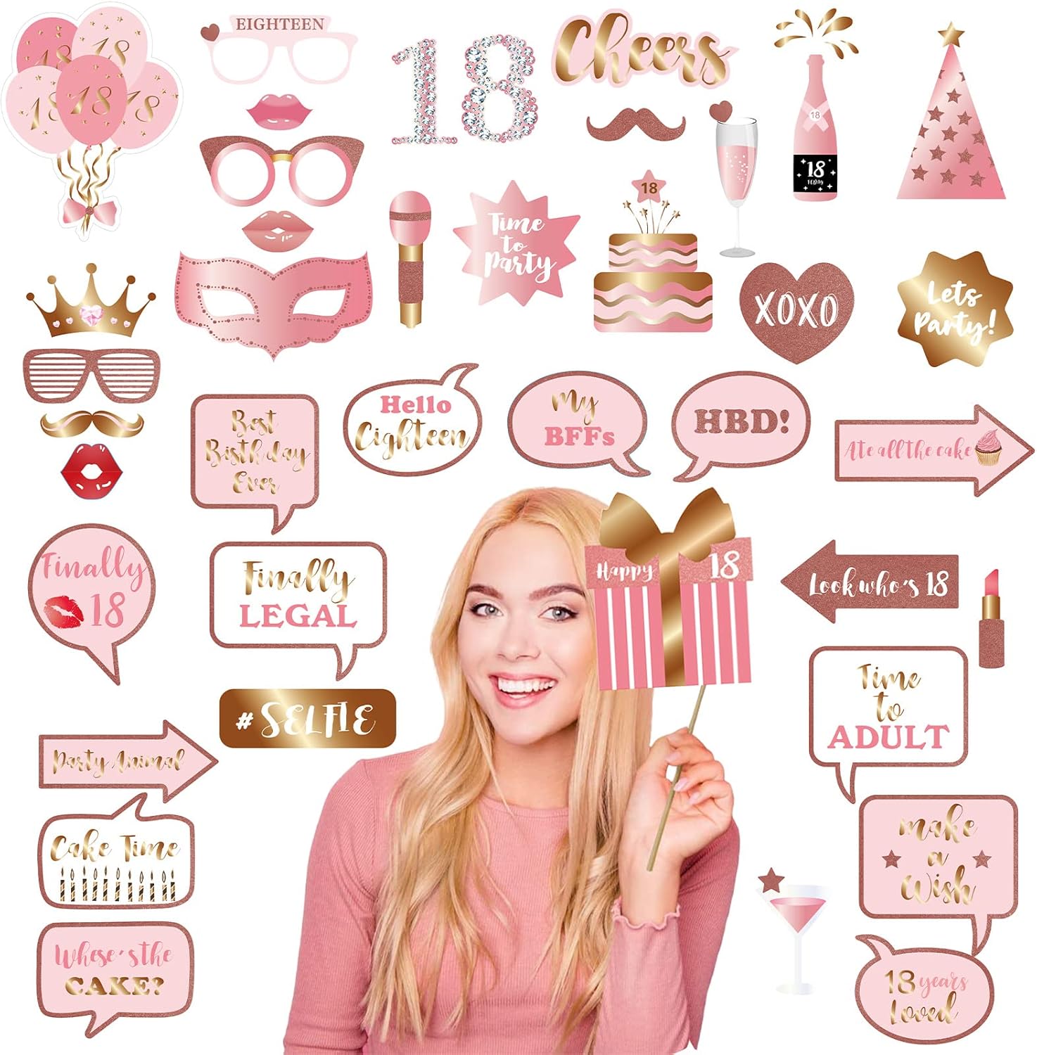38Pcs Rose Gold 18th Birthday Photo Booth Party Props,Rose Gold 18th