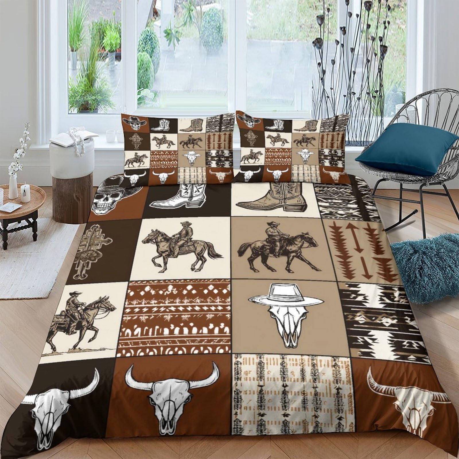 Ctjqhvkz Style-10 3D Printed Western Cowboy Fitted Sheet Microfiber Brown Beige Bull Skull Mattress Cover For Bedroom Guest Room Decor Single（135X200cm）
