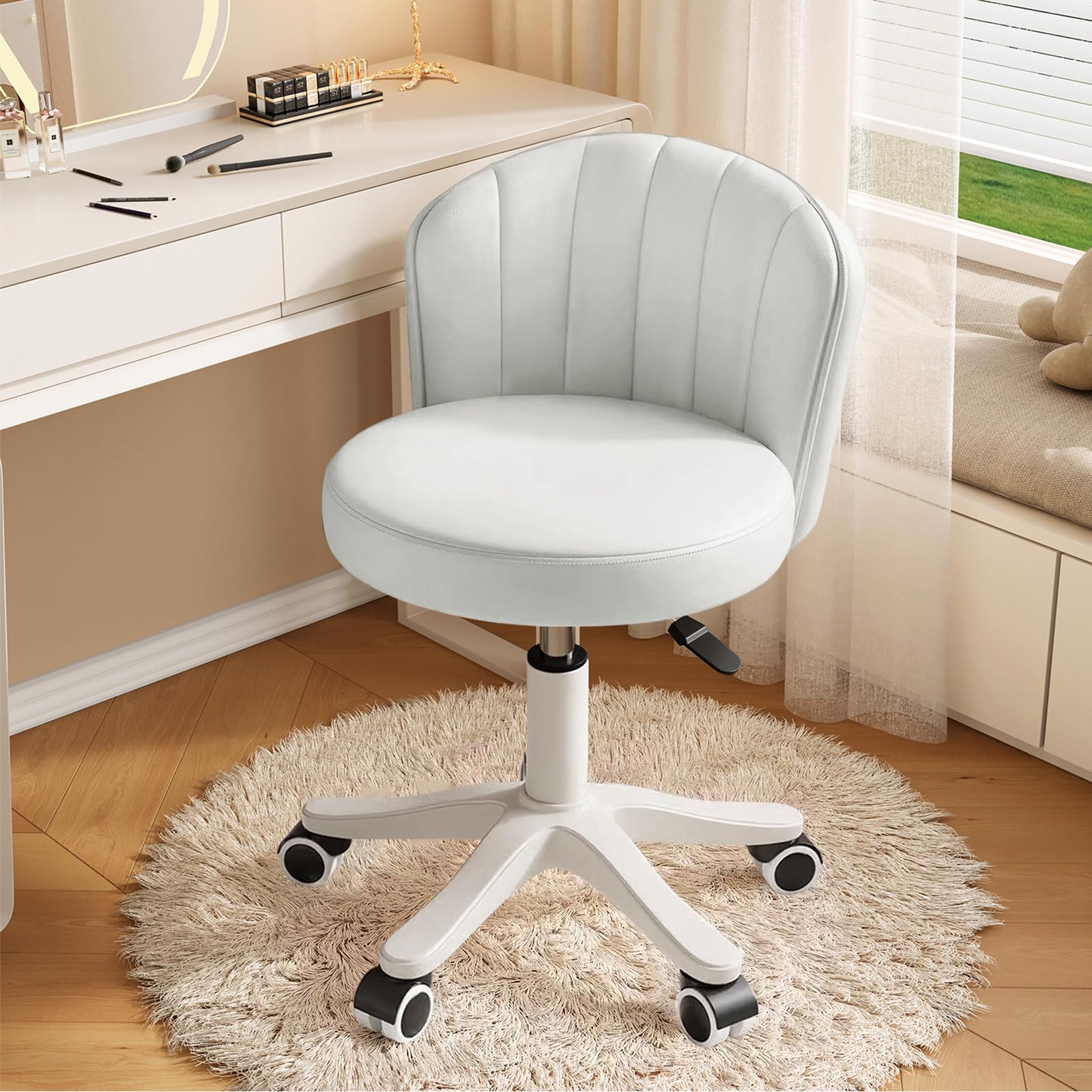 WXJHL Small Round Rolling Desk Chair Armless Comfy Vanity Computer Chair with Low Backrest PU Leather Height Adjustable