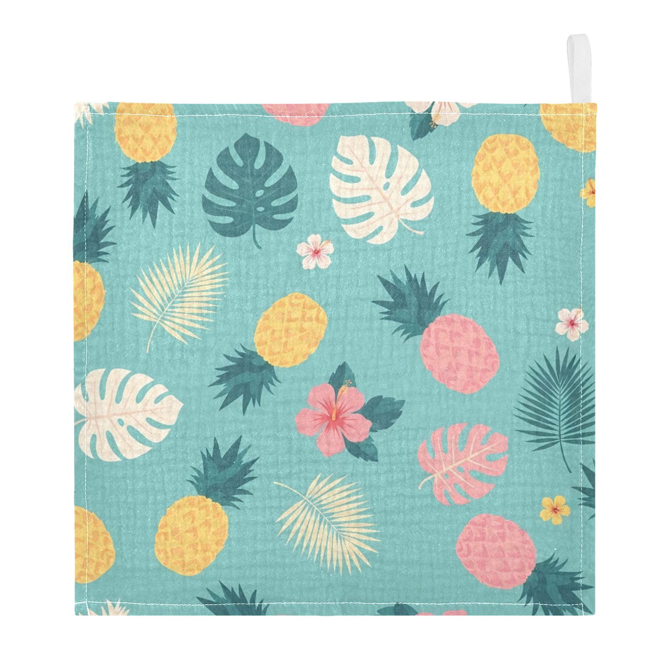 Fuauuyl Pineapples Monstera Leaves Baby Muslin Washcloths Cotton Absorbent Soft Burp Cloths for Newborns Infants Toddlers, Reusable Face Towels for Sensitive Skin, 5 Pack, 12x12 in