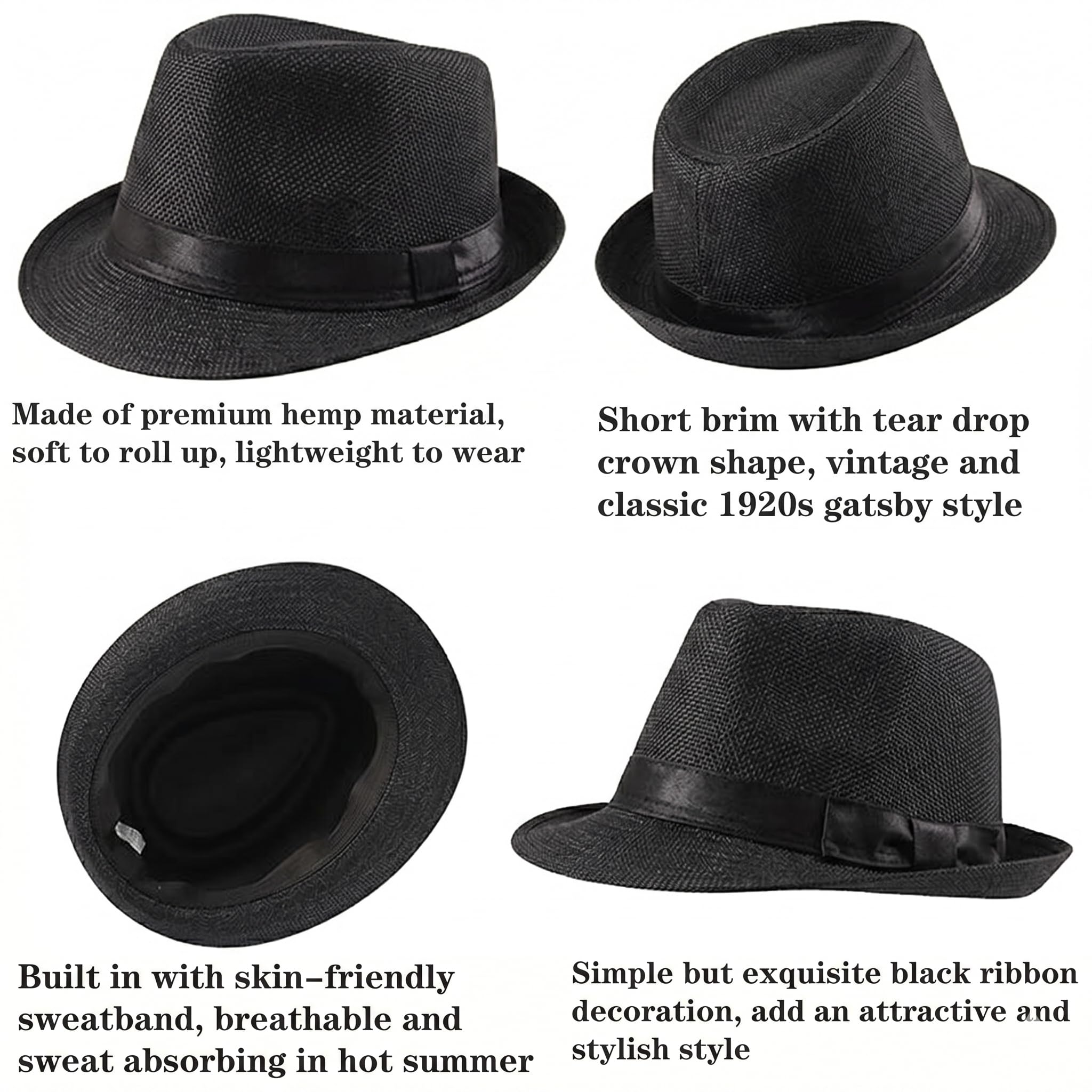 RR DESIGN Unisex Fedora Hat for Men & Women | Breathable Woven Straw-Look Hat with Satin Band | Lightweight Summer Trilby Hat for Travel, Beach, Party, Casual & Formal Wear | Black 1