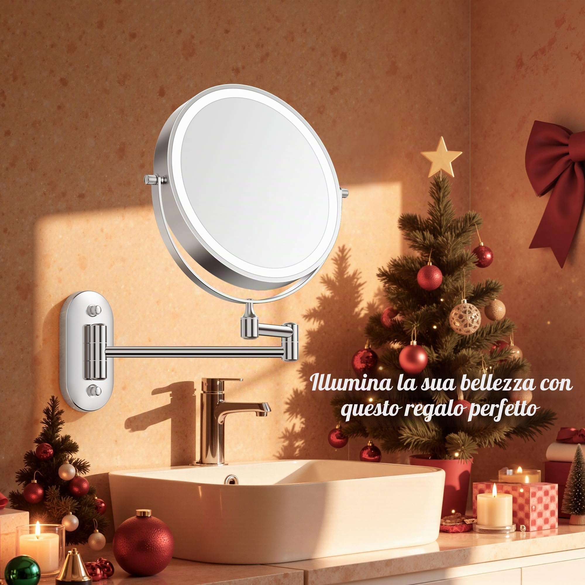 Auxmir Specchio Trucco con Ingrandimento 30X/1X, Specchio da Parete a 54 LED 3 Colori di Luce, Specchio Estensibile, Rotazione a 360°, Alimentato da Batterie Ricaricabile 3200mAh, per Bagno Hotel Spa