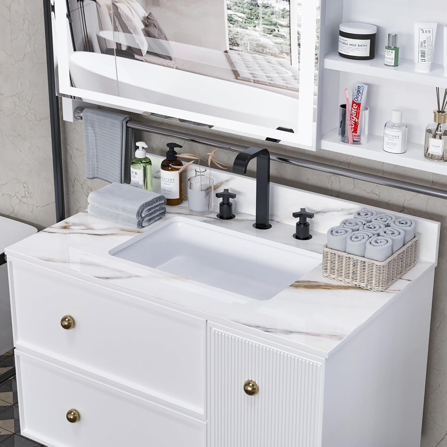 37" Bathroom Vanity Top with Ceramic Undermount Sink & Backsplash, Sintered Stone Counter Top, 3 Holes Marble Vanity Sink Top (Belly Golden)