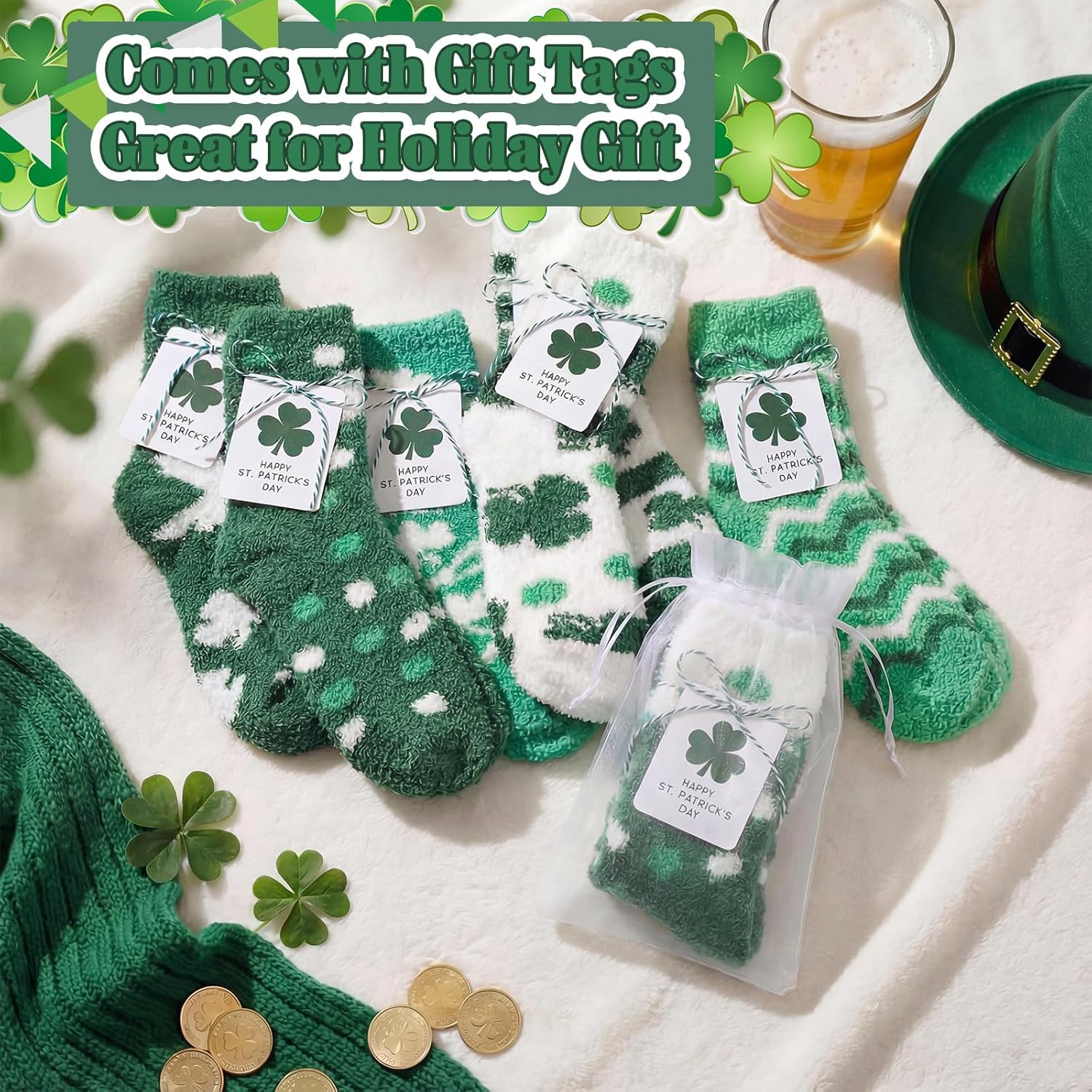 St. Patrick's Day Socks Gifts Fuzzy Shamrock Green Irish Clover Fleece Fluffy Socks with Tags Organza Bags - Image 3