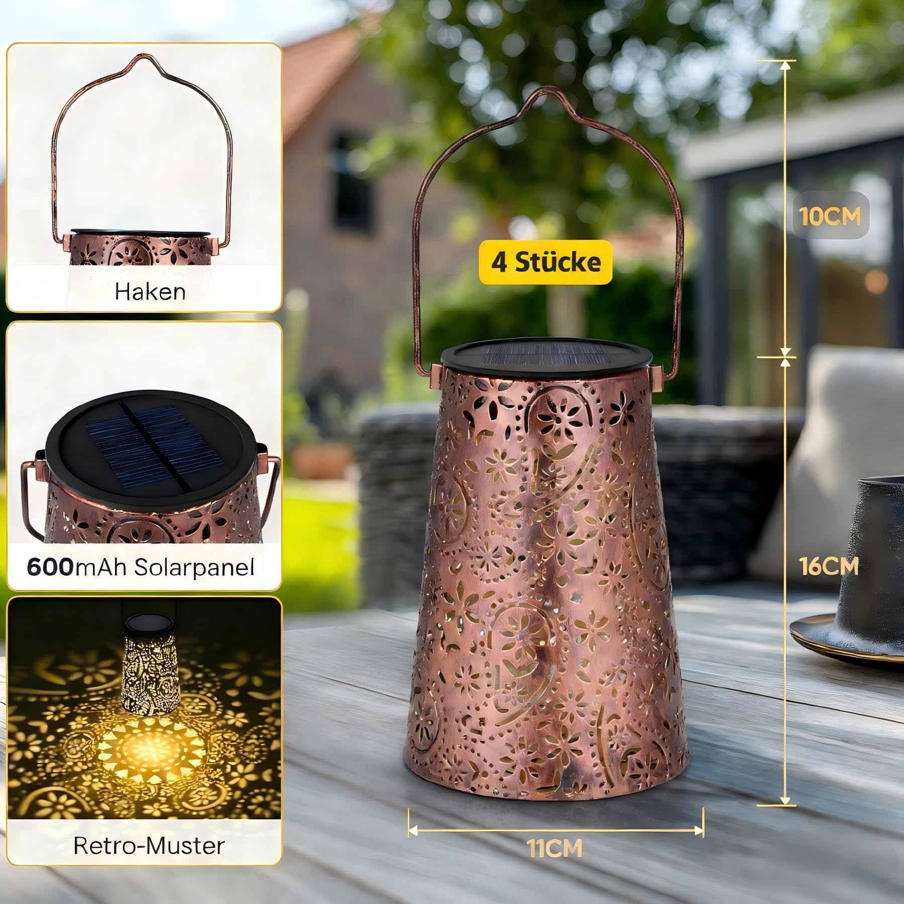 Lot de 4 lampes solaires Paisley pour extérieur et jardin - 15 lm - LED blanc chaud - Lanternes solaires pour l'extérieur - Étanche IP65 - Lanternes solaires en métal pour balcon, camping, décoration