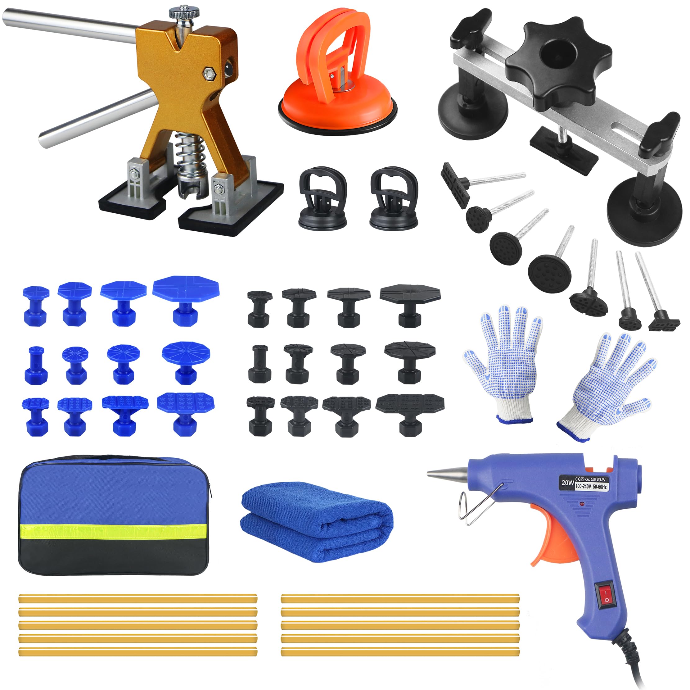 LAIMONGVC 51PCS Dent Puller Kit,Paintless Dent Repair Tools,Slide Hammer T-Bar,Bridge Puller,Glue Gun,Golden Lifter,Suction Cup,Car Dent Removal Kit for Automobile Body Motorcycle Refrigerator Dings