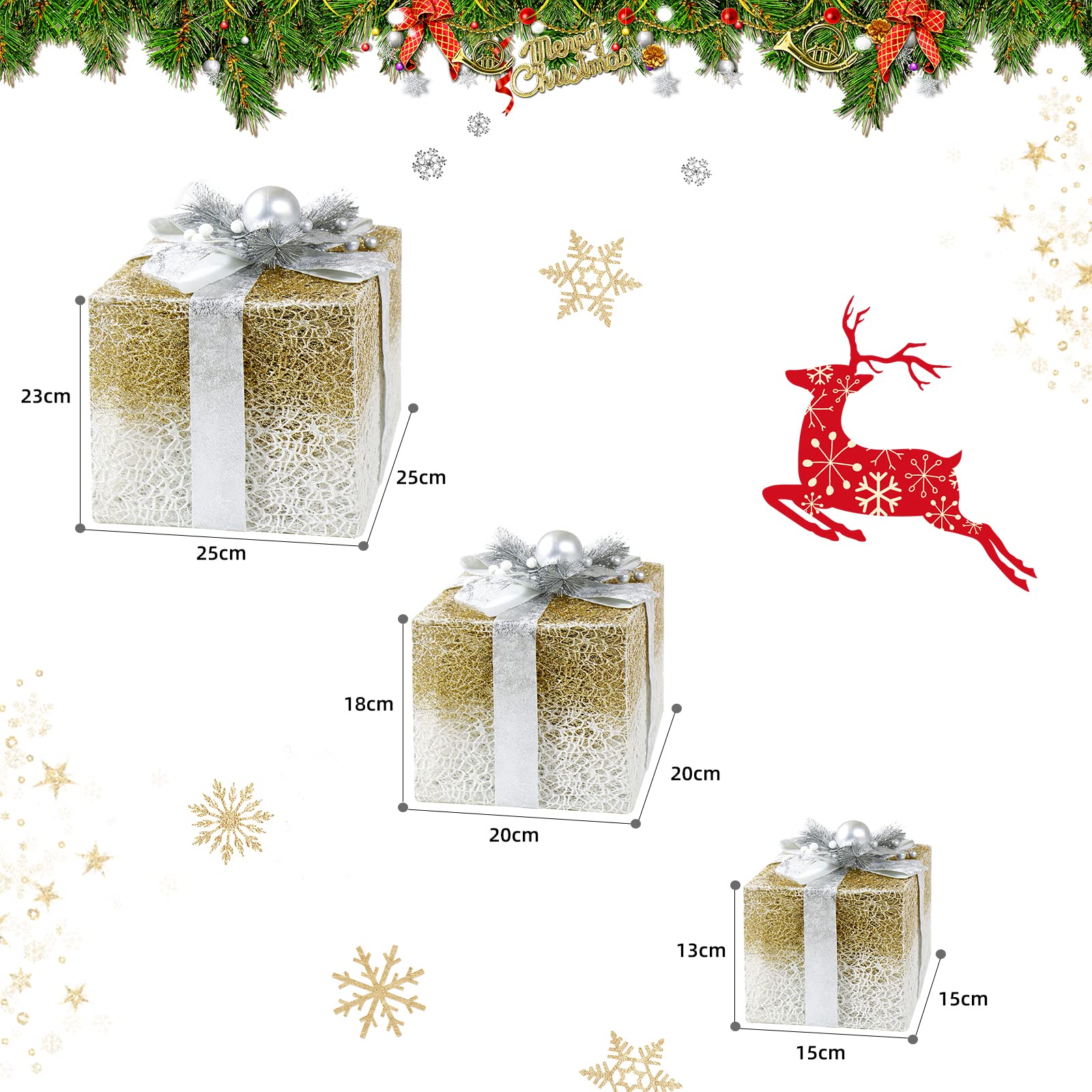 CCLIFE 3er Set LED Geschenkbox Weihnachten Weihnachtenbox Beleuchtete Lichterkette batteriebetrieb Weihnachtsdeko