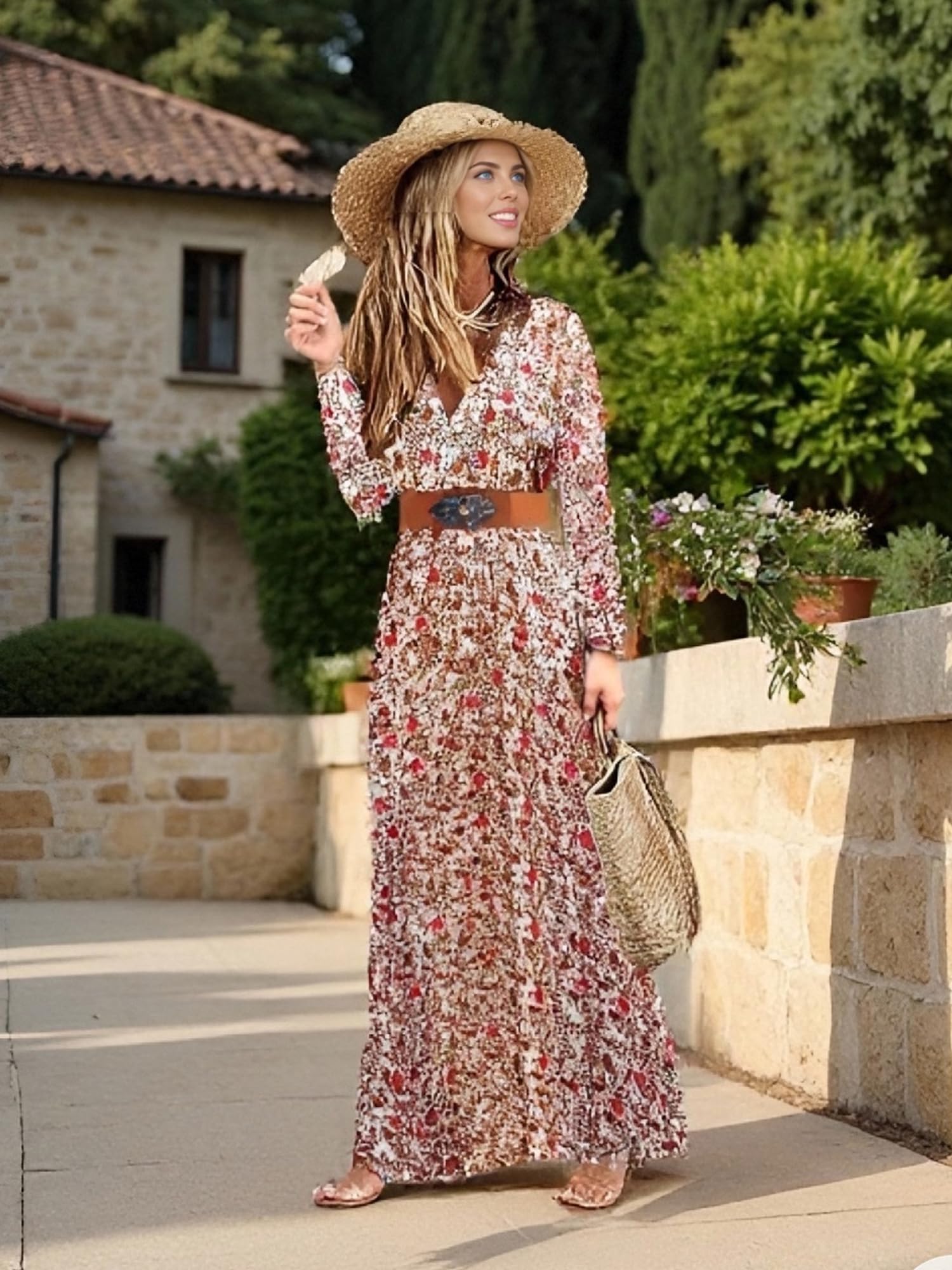 Woolicity Maxi Abito Estivo da Donna, Stile Boho, Floreale, Scollo a V, Maniche Lunghe, da Spiaggia, Manica Corta