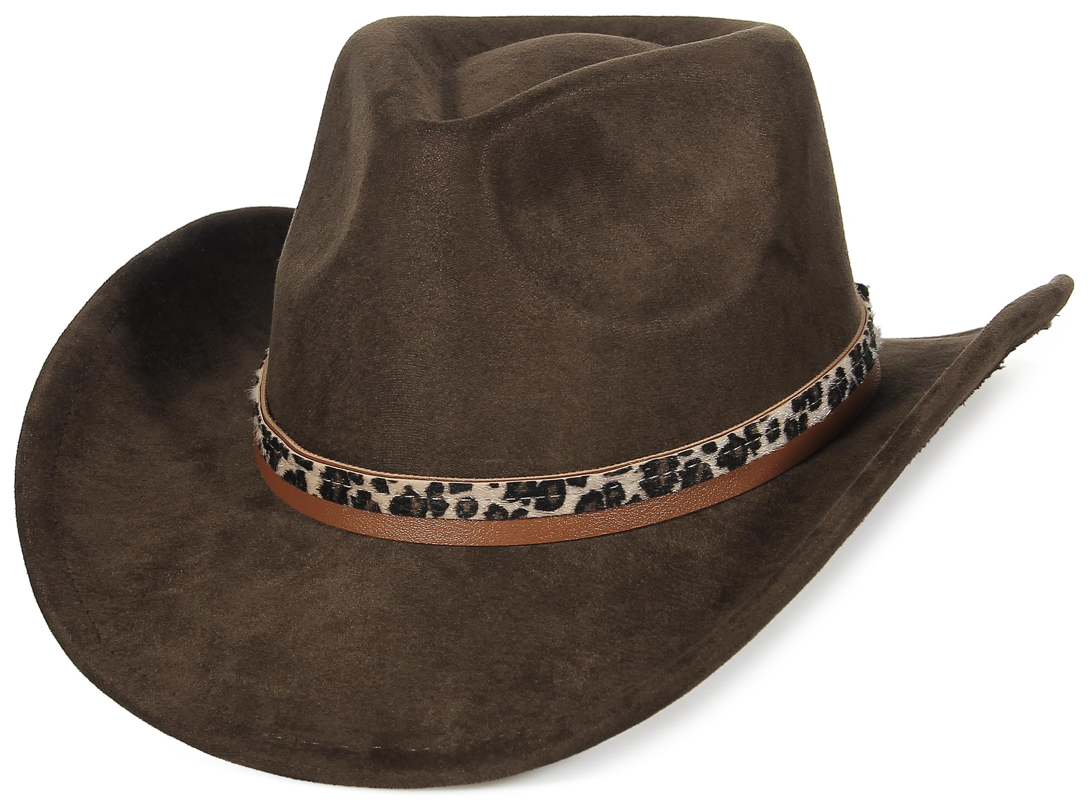 GEMVIE Suede Cowboy Hat for Men Women Roll up Brim Cowgirl Hat Classic Country Fedora Hat/Leopard Print-2
