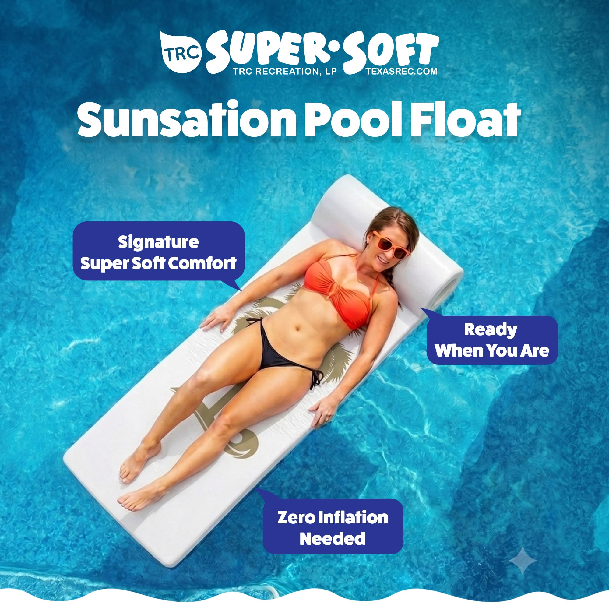 TRC Recreation Sunsation - Juego de 2 tumbonas flotantes de espuma de 1.75 pulgadas de grosor, color blanco con palma de bronce con reposacabezas para descansar y tomar el sol en piscinas, playas y