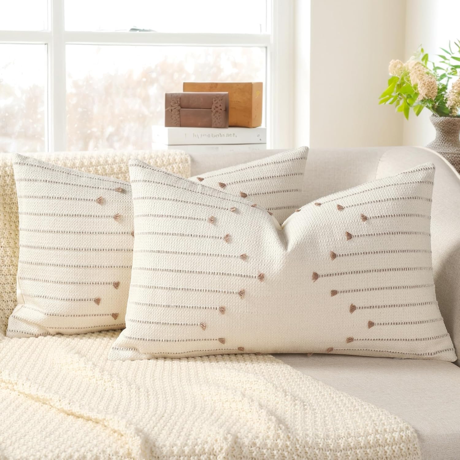 Boho Spring Throw Pillow Covers 20x20 Set of 2 Neutral Woven Decorative Pillowcases Cotton Tufted Couch Pillows Modern Farmhouse Cushion Covers for Sofa Couch Bed Living Room Home Decor, Navy Blue