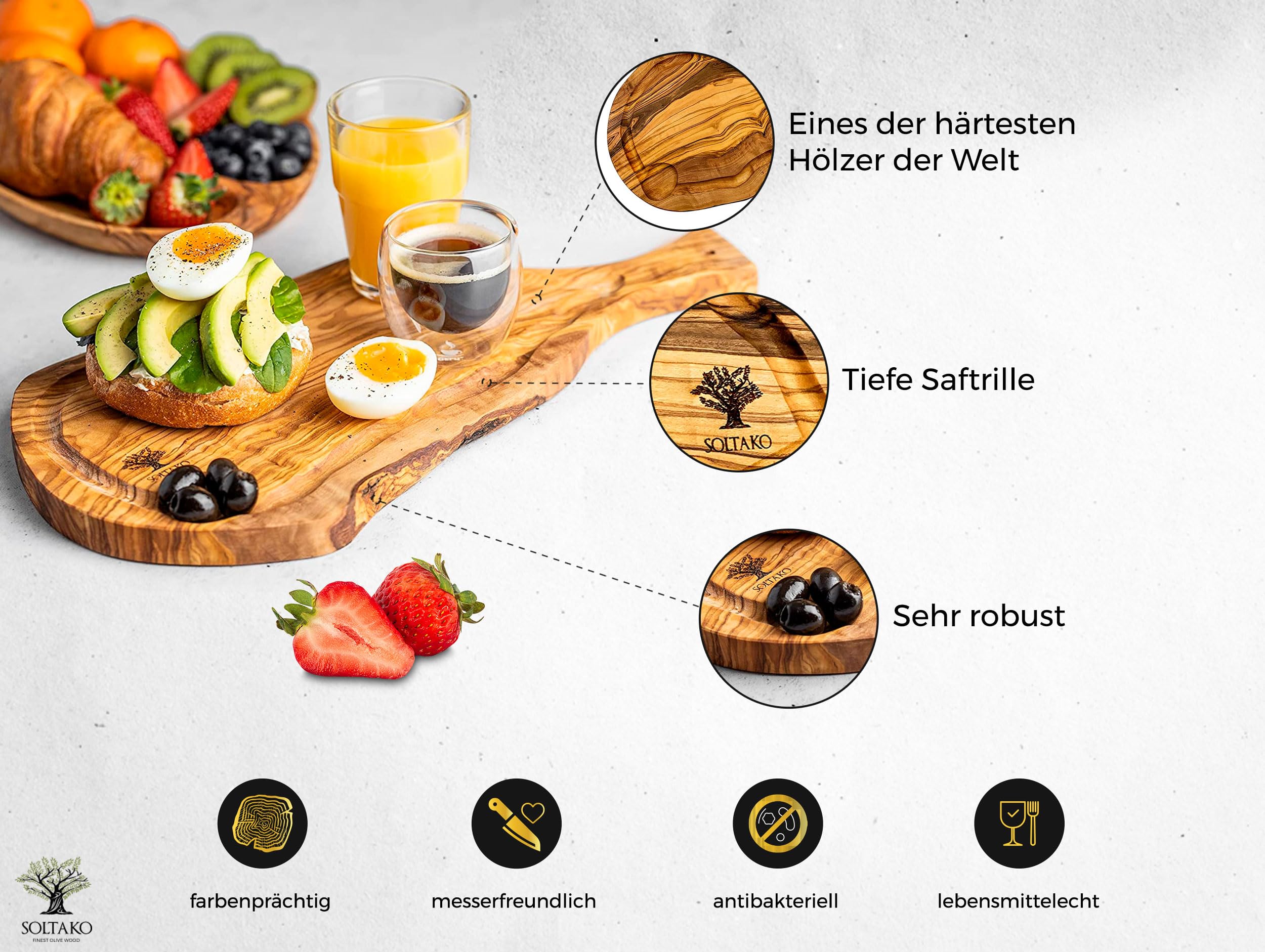 SOLTAKO Olivenholz Steakbrett mit Saftrille "The Smokey BBQ" (43-45 cm) Schneidebrett aus Oliven Holz mit Griff