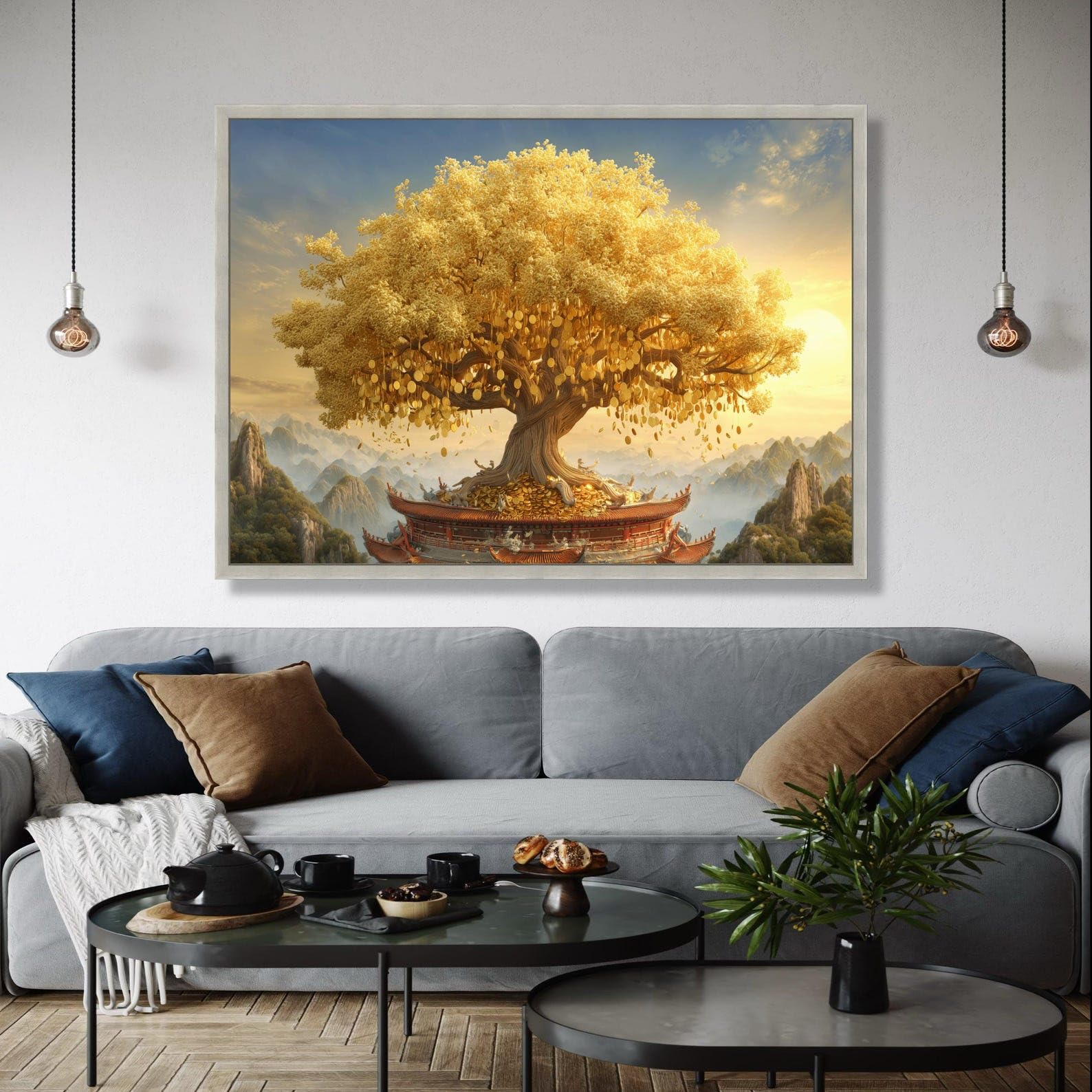 XBTYKPB Árbol del dinero dorado, lienzo decorativo Feng Shui, decoración de pared para la prosperidad, pintura símbolo de riqueza, estilo asiático, decoración del hogar, impresión (50x75cm/sin marco)