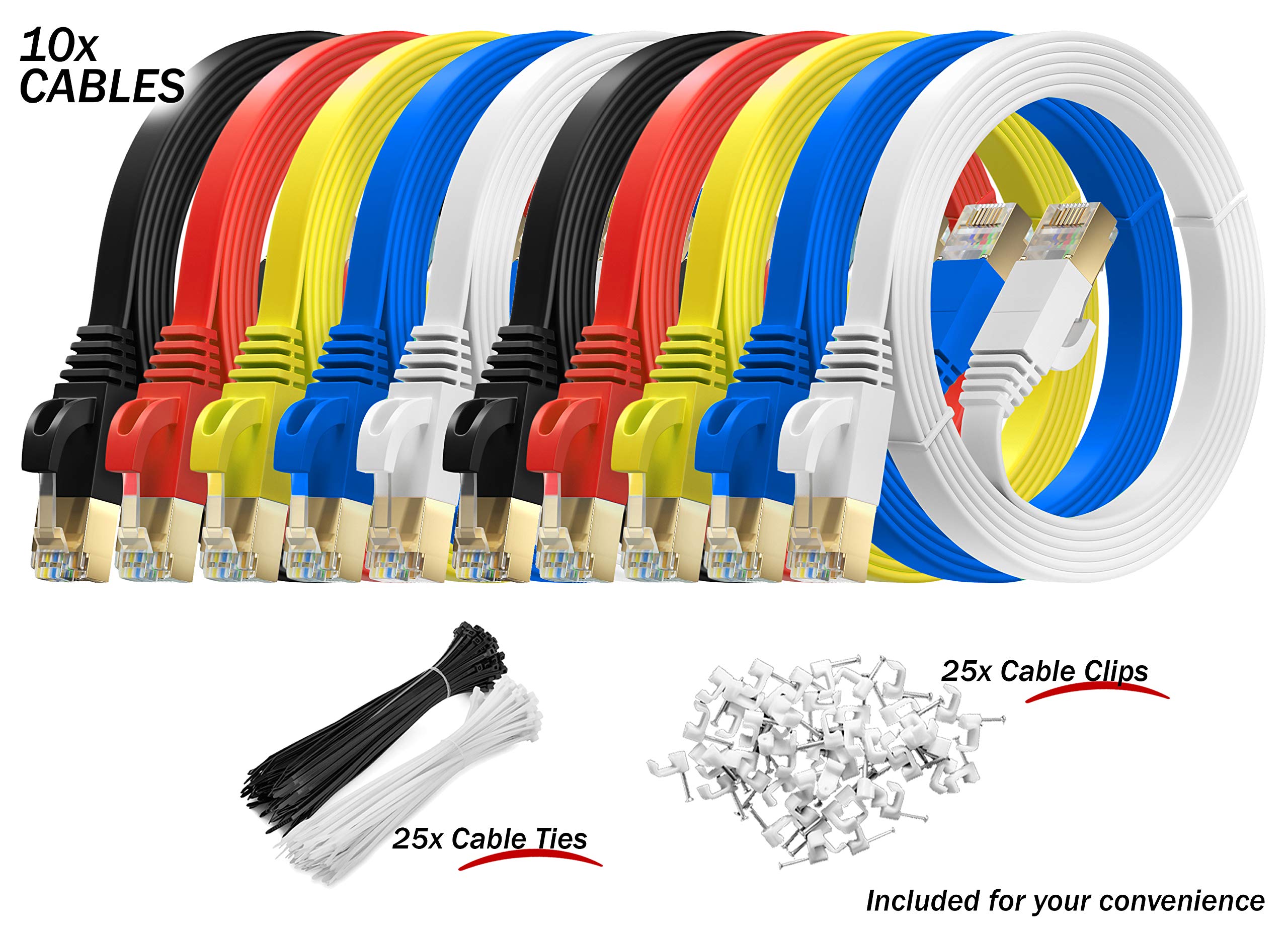 MutecPower 5m 10 Pack Cables de red Ethernet ULTRA PLANO CAT 7 con enchufes RJ45 Cable Delgado Patch LAN Latiguillo - Cables de 5 metros rojo/amarillo/azul/negro/blanco con bridas y clips