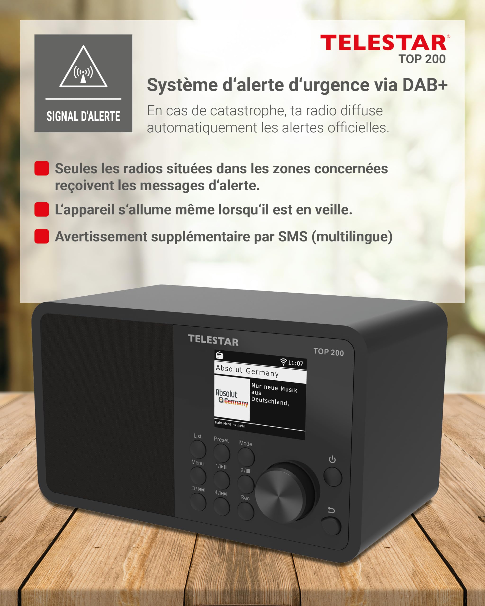 TELESTAR Top 200 – Radio Dab Plus -Internet (Mono, 10 W, Bluetooth Audio-Streaming & Fonction émetteur, Enregistrement USB, système d’Alerte d’Urgence, contrôle Via Application) – Noir