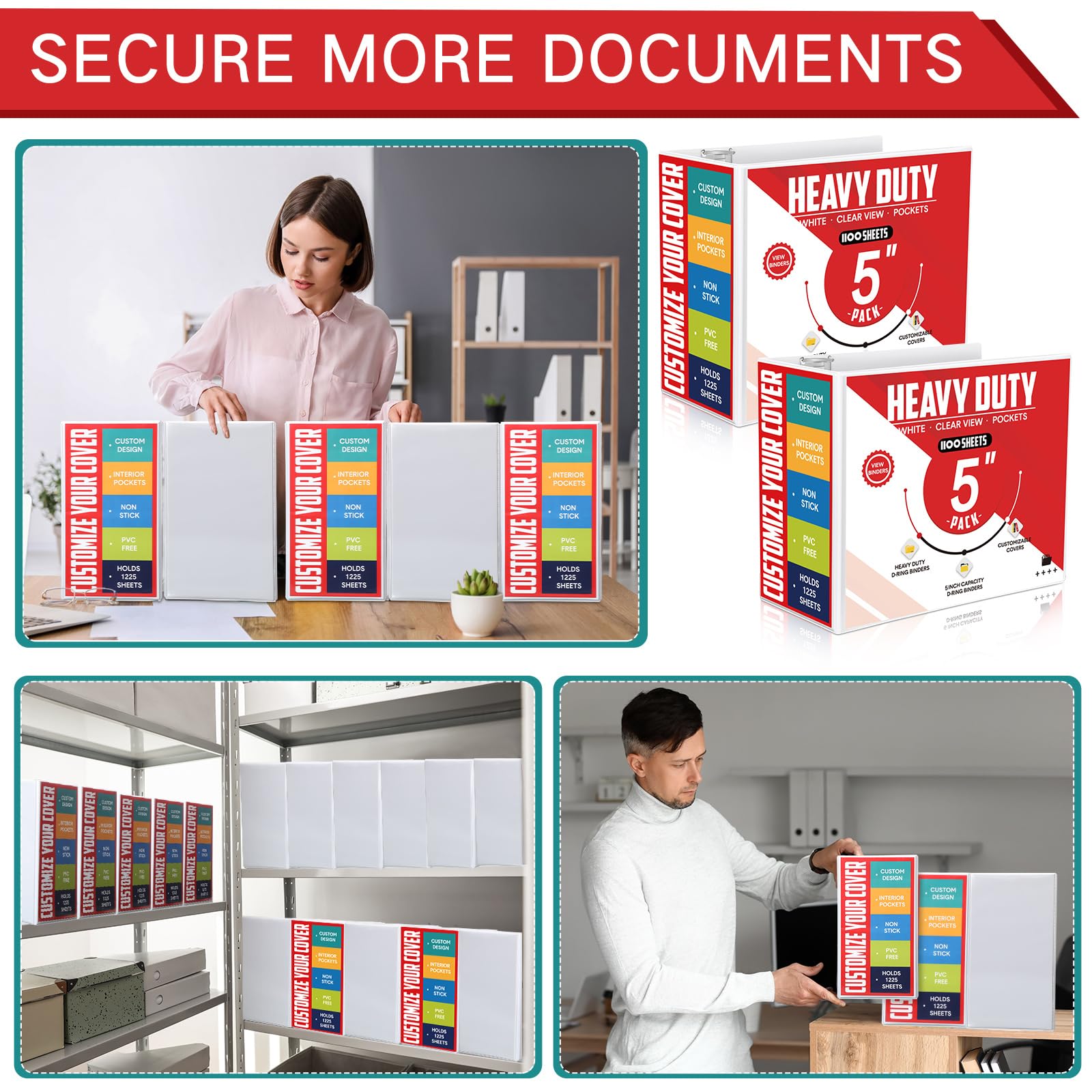 Sinload 8 raccoglitori a 3 anelli, capacità 12,7 cm, con tasche grandi, 21,6 x 27,9 cm, raccoglitore per presentazioni, con copertina trasparente, per documenti, file, progetti, bianco